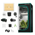 Indoor grow tent kit with black enclosure, LED panel, ventilation fan, carbon filter, pots, trellis, and tools