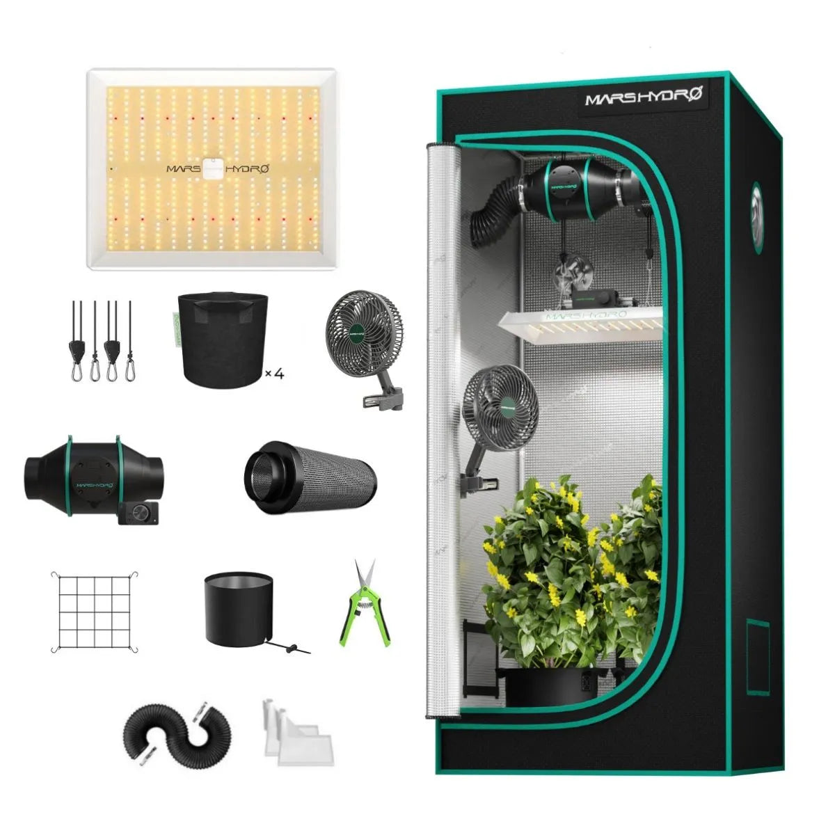 Indoor grow tent kit with black enclosure, LED panel, ventilation fan, carbon filter, pots, trellis, and tools
