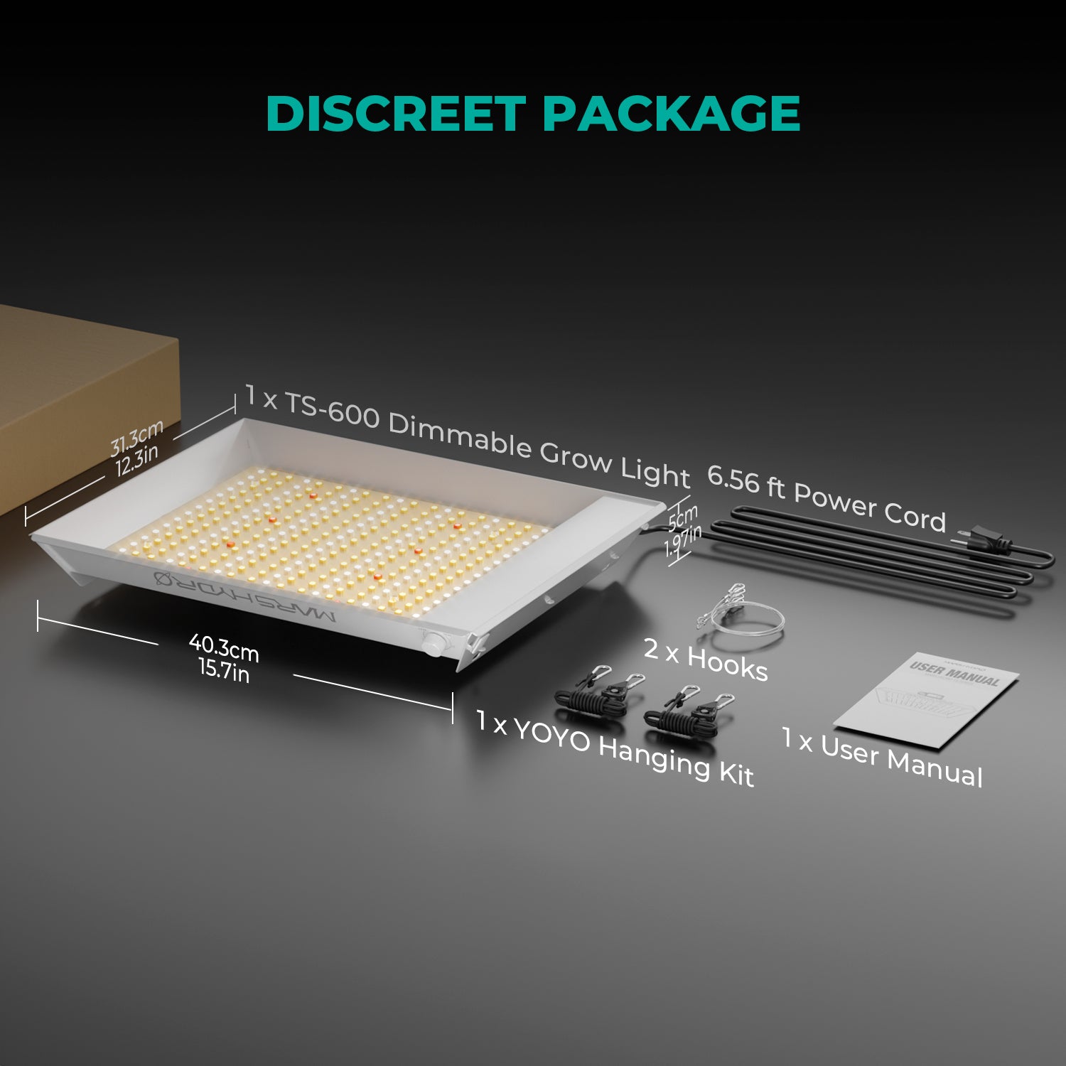 Mars Hydro TS-600 LED grow light with aluminum cooling plate, fanless passive cooling system, shown with power cord and kit