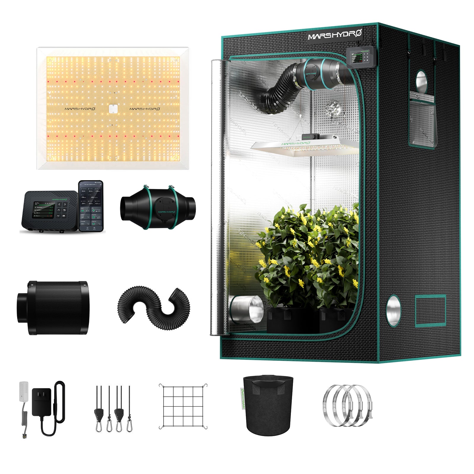 Mars Hydro grow tent setup in black and teal with Full-Spectrum LED, iControl controller, and inline fan