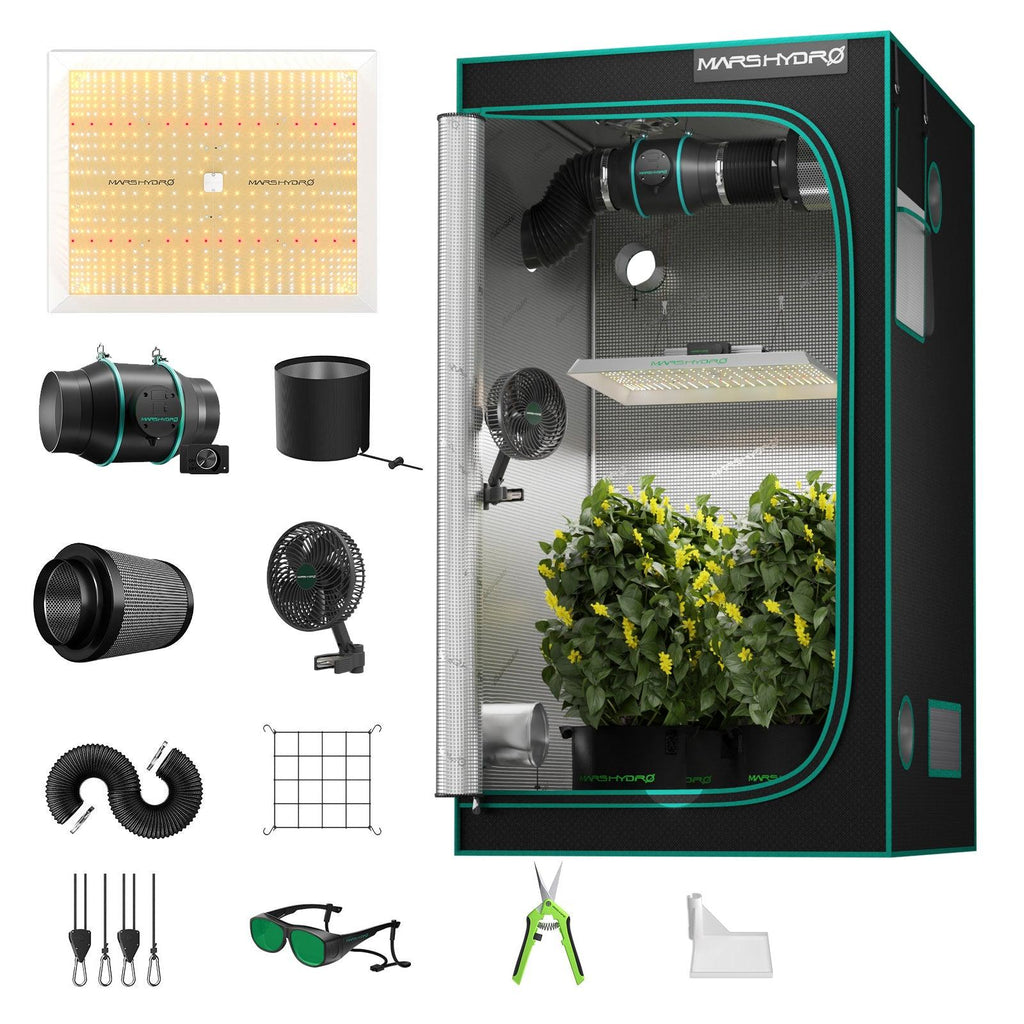 Complete Mars Hydro TSW2000 grow tent set featuring a high-performance LED light and ventilation system for optimal plant growth