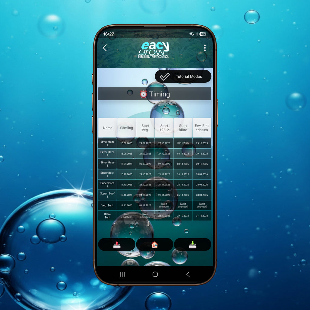 ie eacygrow Timeline mit integriertem Ernte-Countdown – Bietet einen lückenlosen Überblick über den gesamten Wachstumszyklus vom Samen bis zur Ernte und ermöglicht die präzise Planung der finalen Phase durch eine tagesgenaue Fortschrittsanzeige.