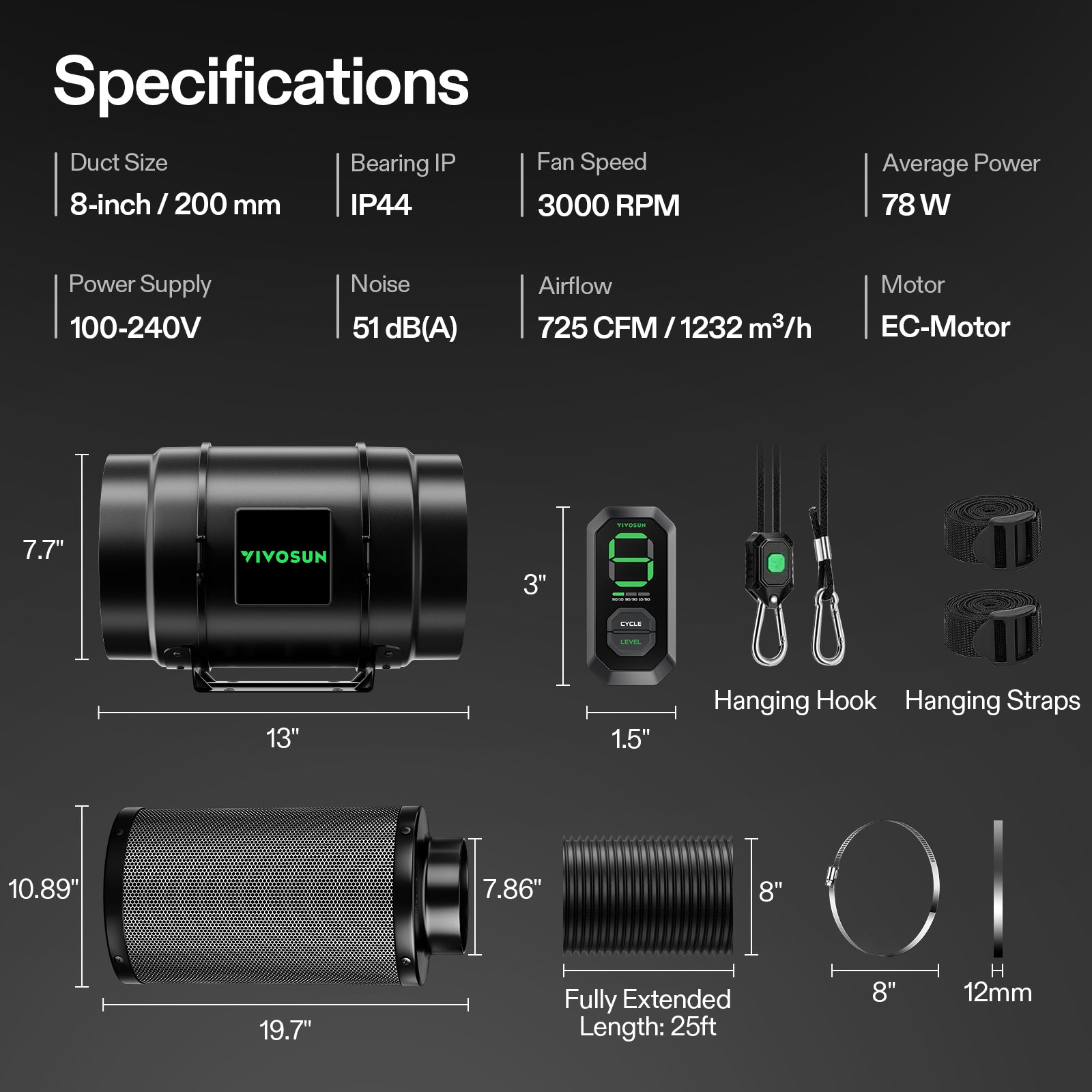 Vivosun Abluftset G8 200mm - 1232 m³/h + Controller - Eacygrow
