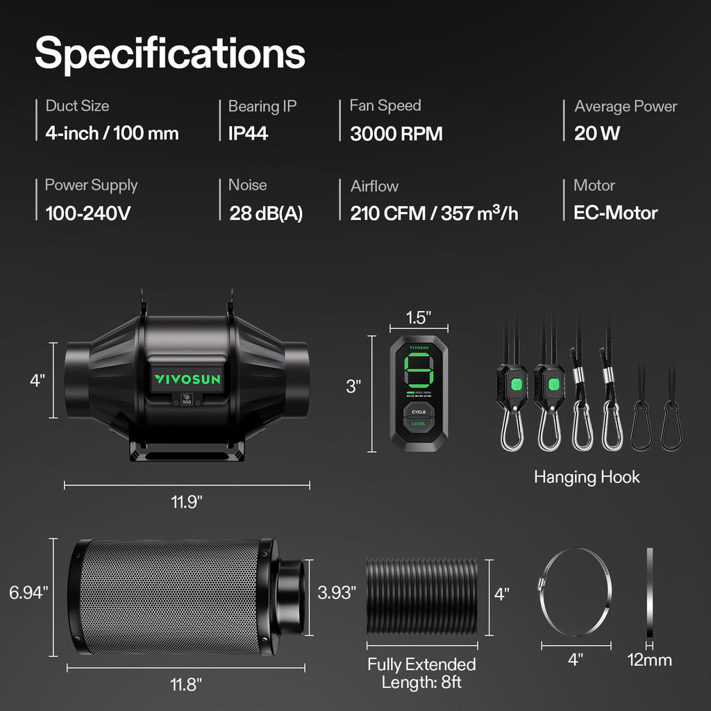 Vivosun Abluftset T4 100mm - 357 m³/h + Controller - Eacygrow