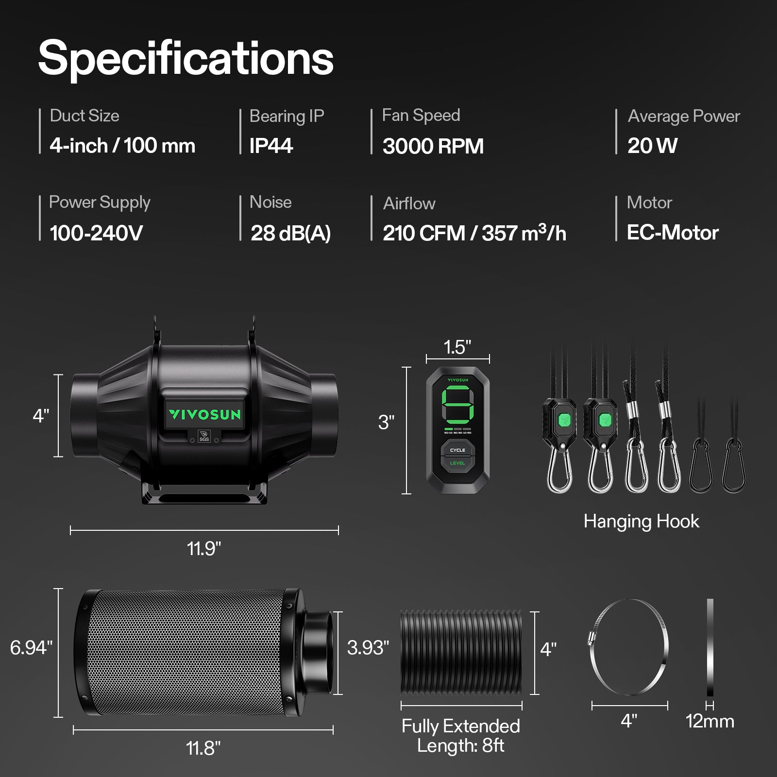 Vivosun Abluftset T4 100mm - 357 m³/h + Controller - Eacygrow