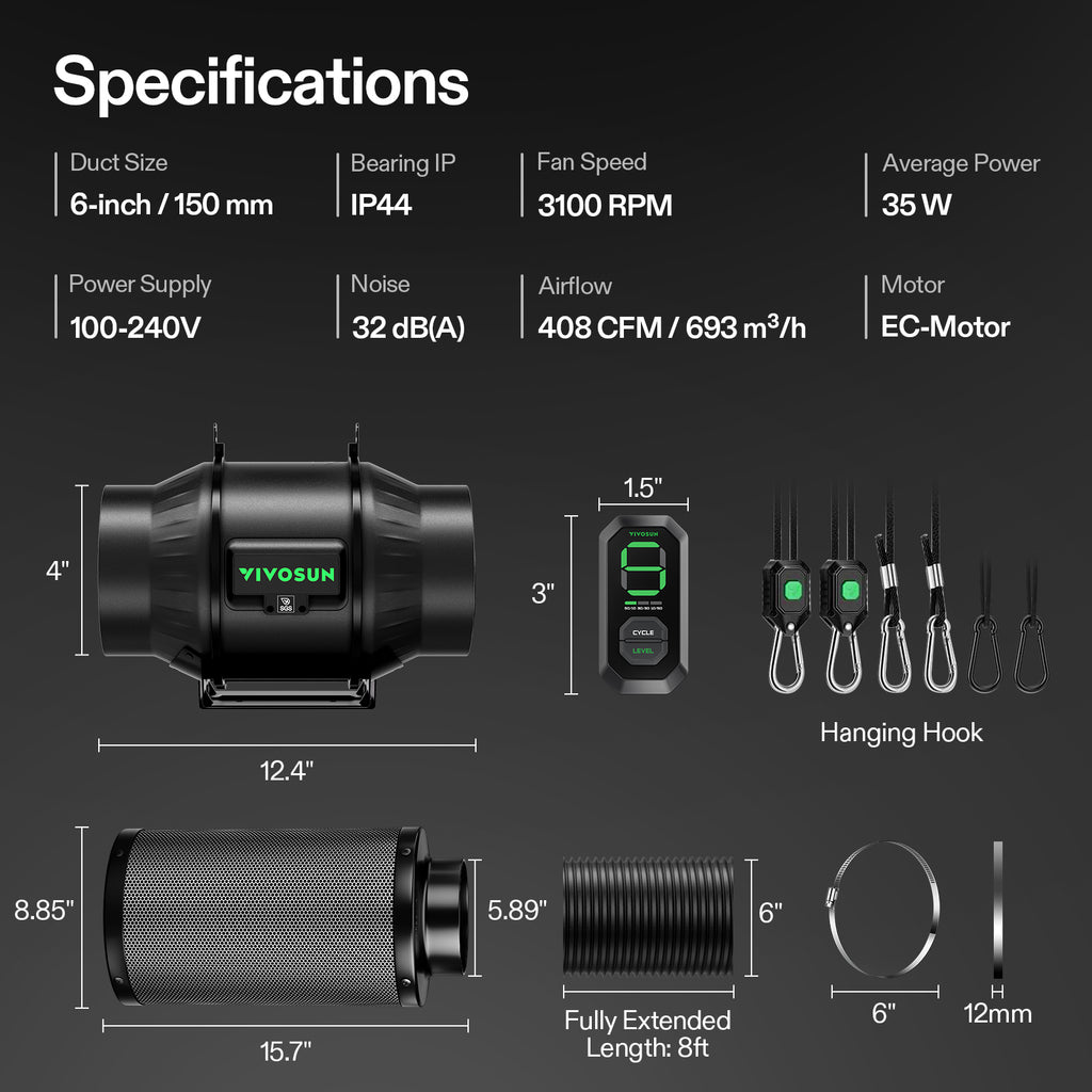 Vivosun Abluftset T6 150mm – 693 m³/h + Controller - Eacygrow