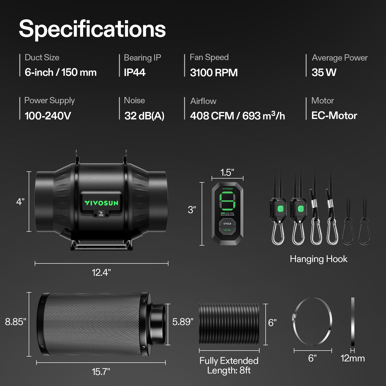Vivosun Abluftset T6 150mm – 693 m³/h + Controller - Eacygrow