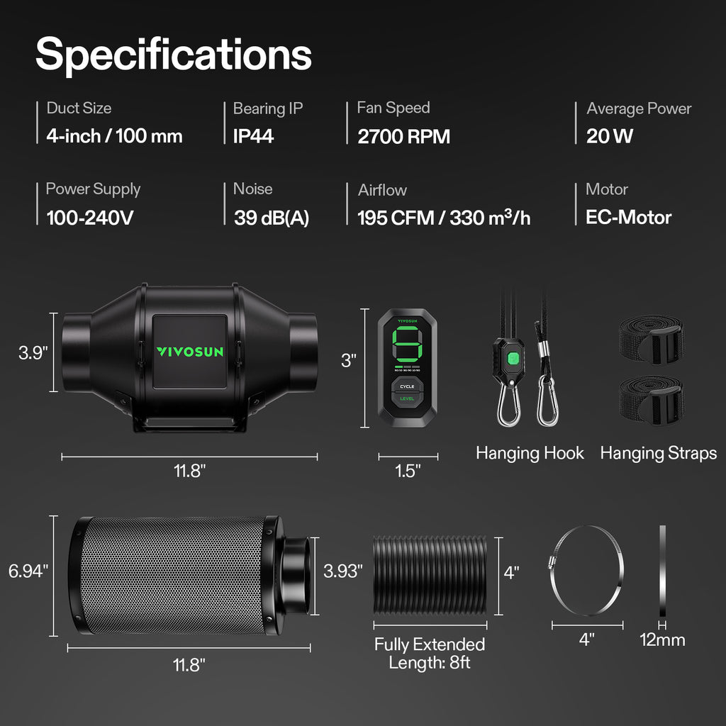 Vivosun G4 100mm Abluftset  - 331 m³/h + Controller - Eacygrow