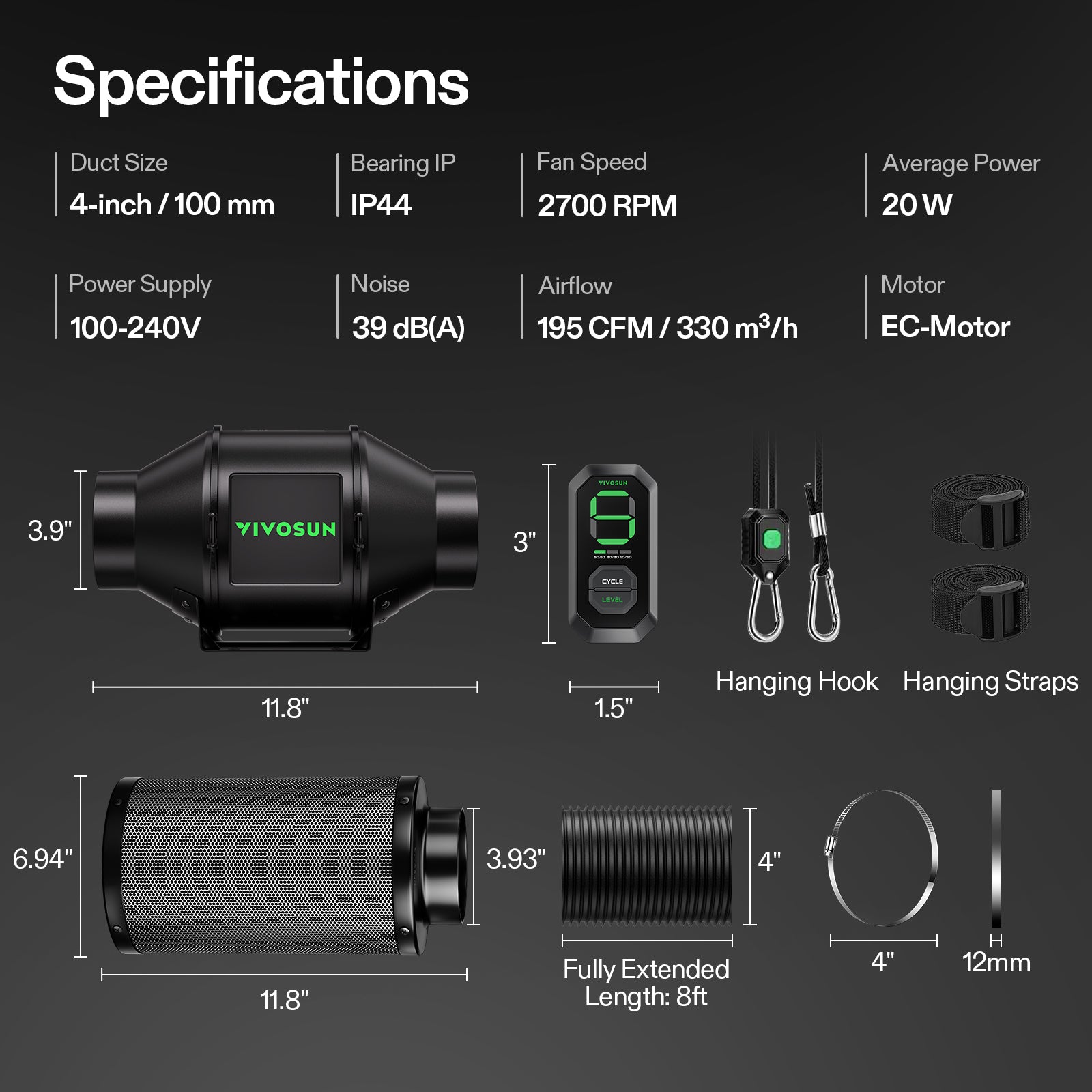 Vivosun G4 100mm Abluftset  - 331 m³/h + Controller - Eacygrow