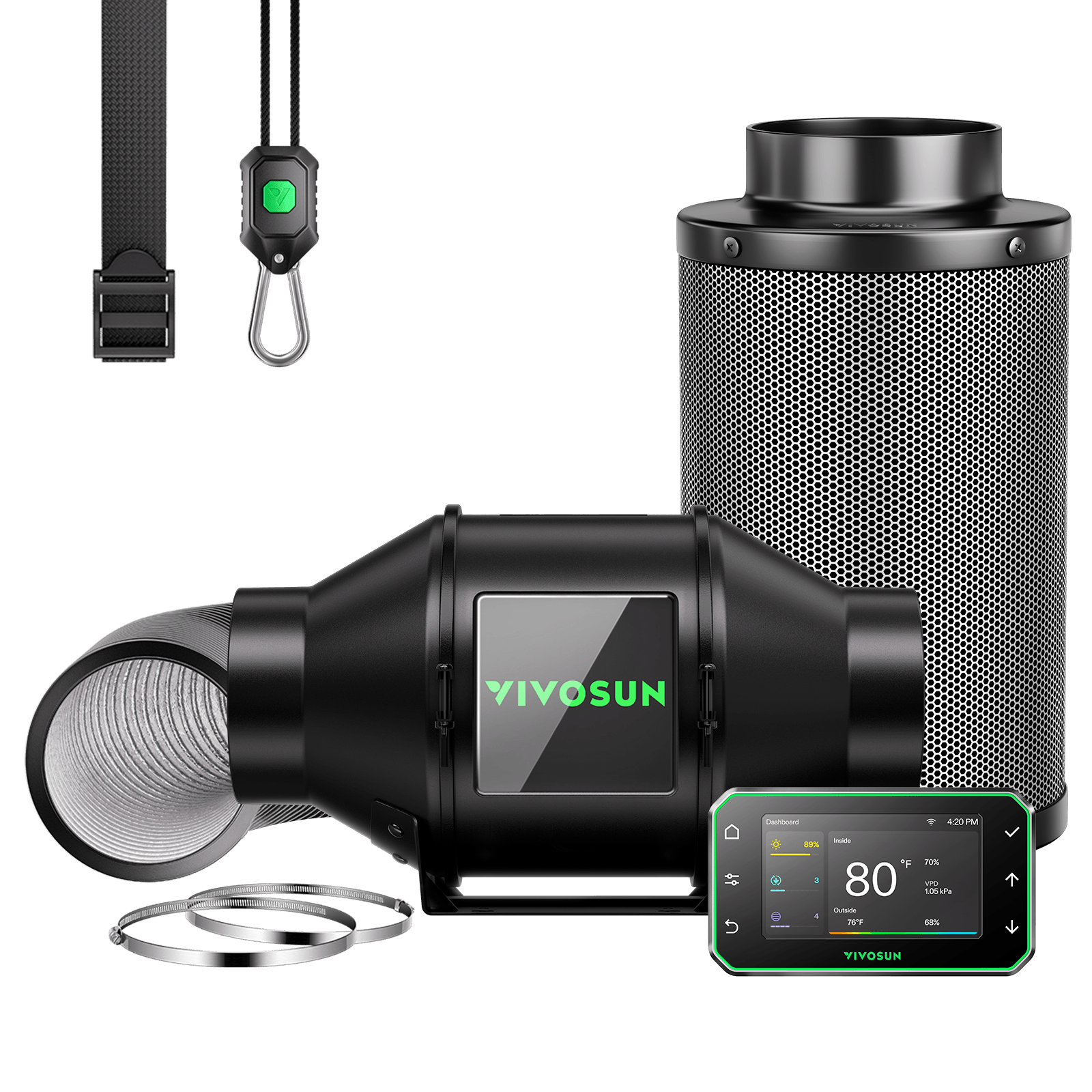Vivosun G4 Pro 100mm Smart Abluftset  - 331 m³/h + GrowHub - Eacygrow