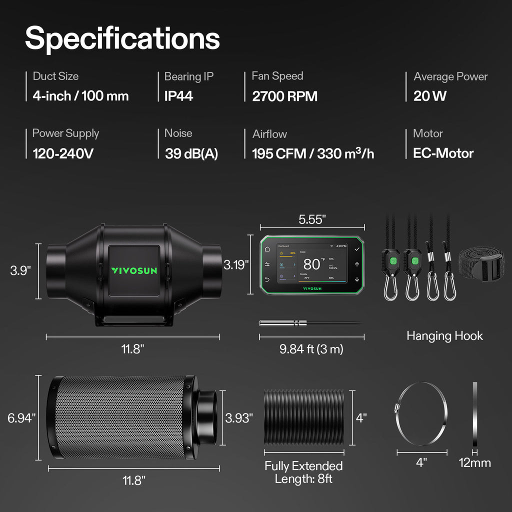 Vivosun G4 Pro 100mm Smart Abluftset  - 331 m³/h + GrowHub - Eacygrow