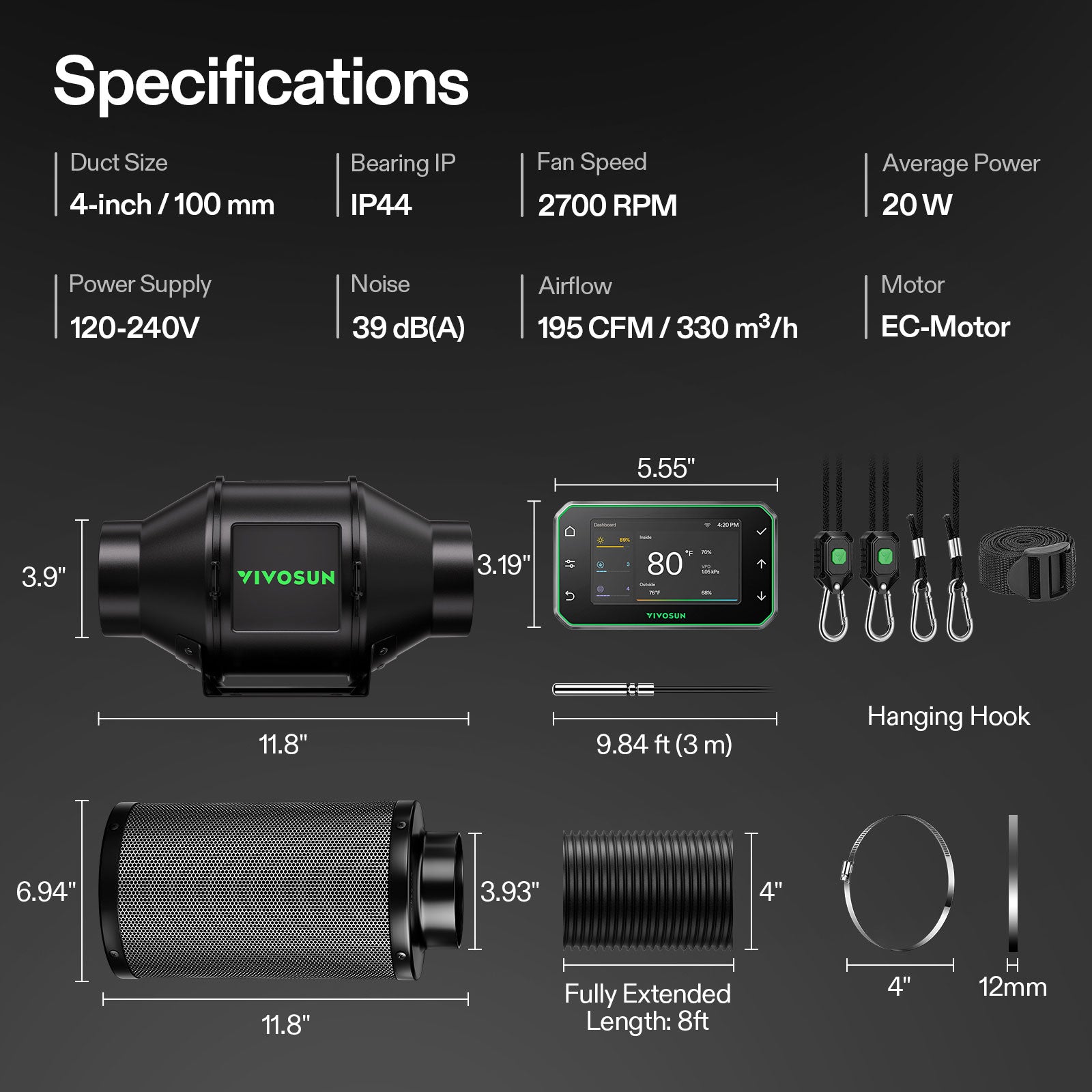 Vivosun G4 Pro 100mm Smart Abluftset  - 331 m³/h + GrowHub - Eacygrow
