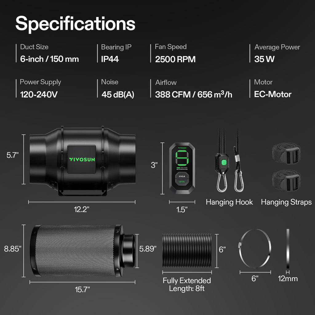 Vivosun G6 150mm Abluftset - 659 m³/h + Controller - Eacygrow