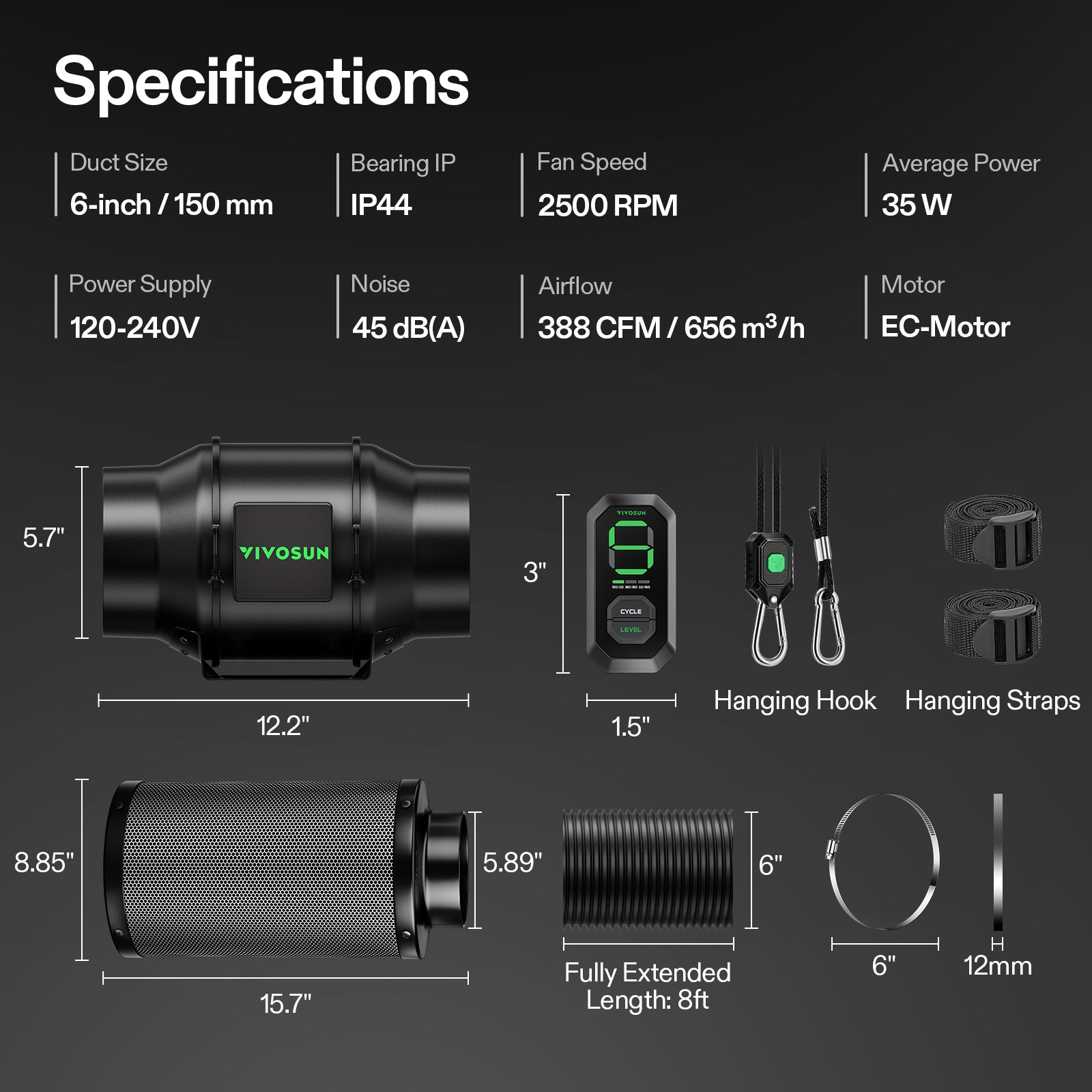 Vivosun G6 150mm Abluftset - 659 m³/h + Controller - Eacygrow