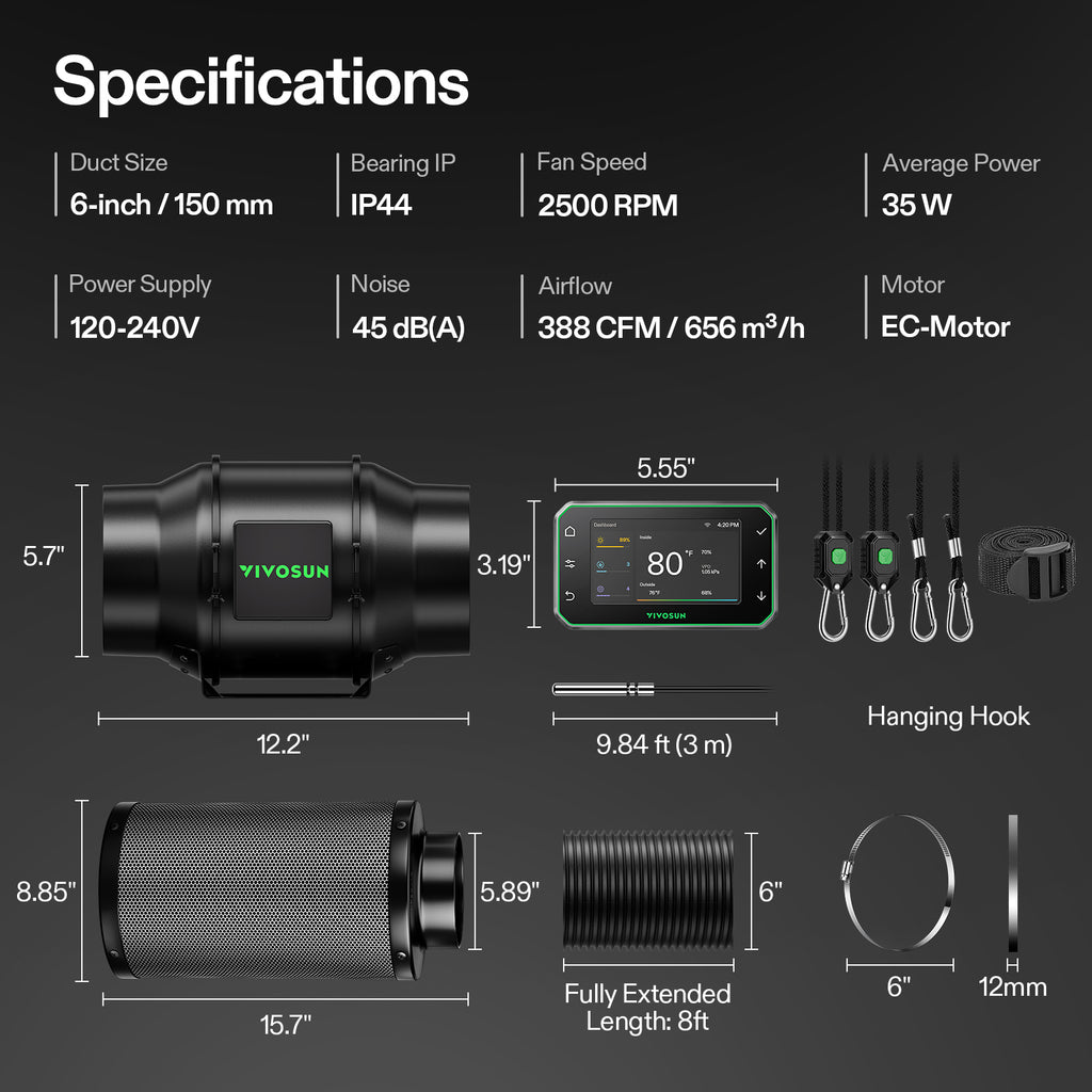 Vivosun G6 Pro 150mm Smart Abluftset - 659 m³/h + GrowHub - Eacygrow