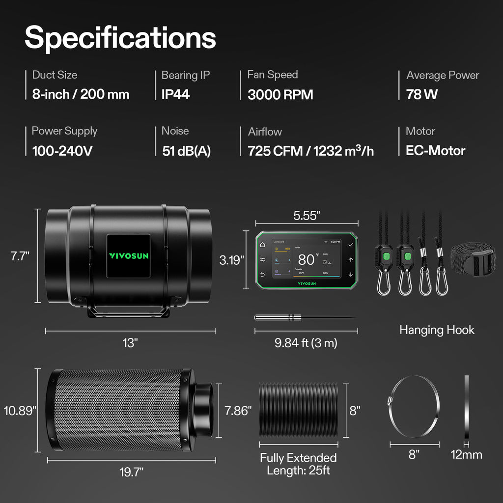 Vivosun Smart Abluftset G8 Pro 200mm - 1232 m³/h + GrowHub - Eacygrow