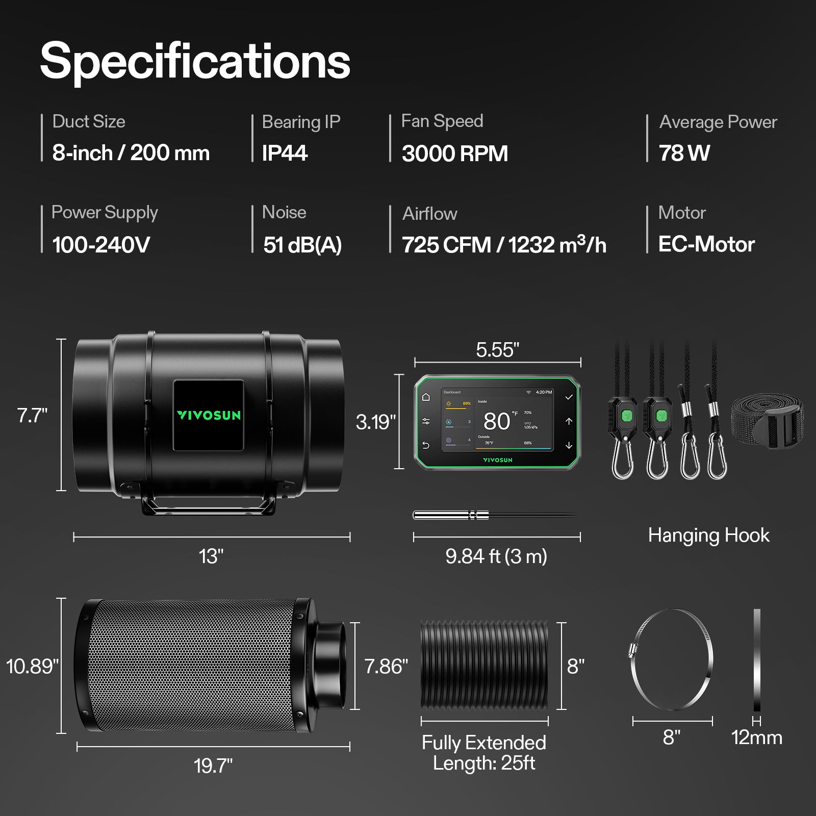 Vivosun Smart Abluftset G8 Pro 200mm - 1232 m³/h + GrowHub - Eacygrow