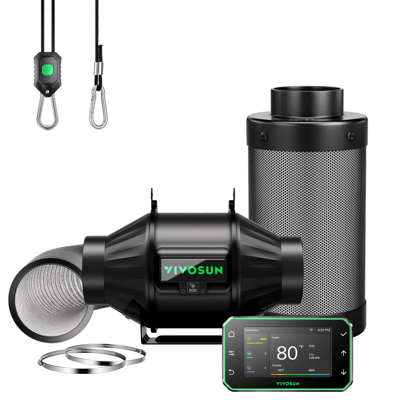 Vivosun Smart Abluftset T4 Pro 100mm - 357 m³/h + GrowHub - Eacygrow