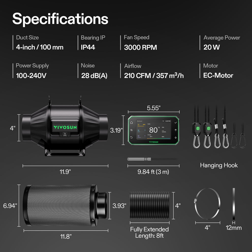 Vivosun Smart Abluftset T4 Pro 100mm - 357 m³/h + GrowHub - Eacygrow