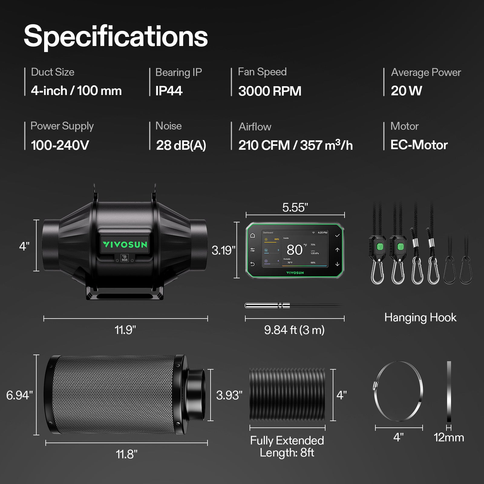 Vivosun Smart Abluftset T4 Pro 100mm - 357 m³/h + GrowHub - Eacygrow