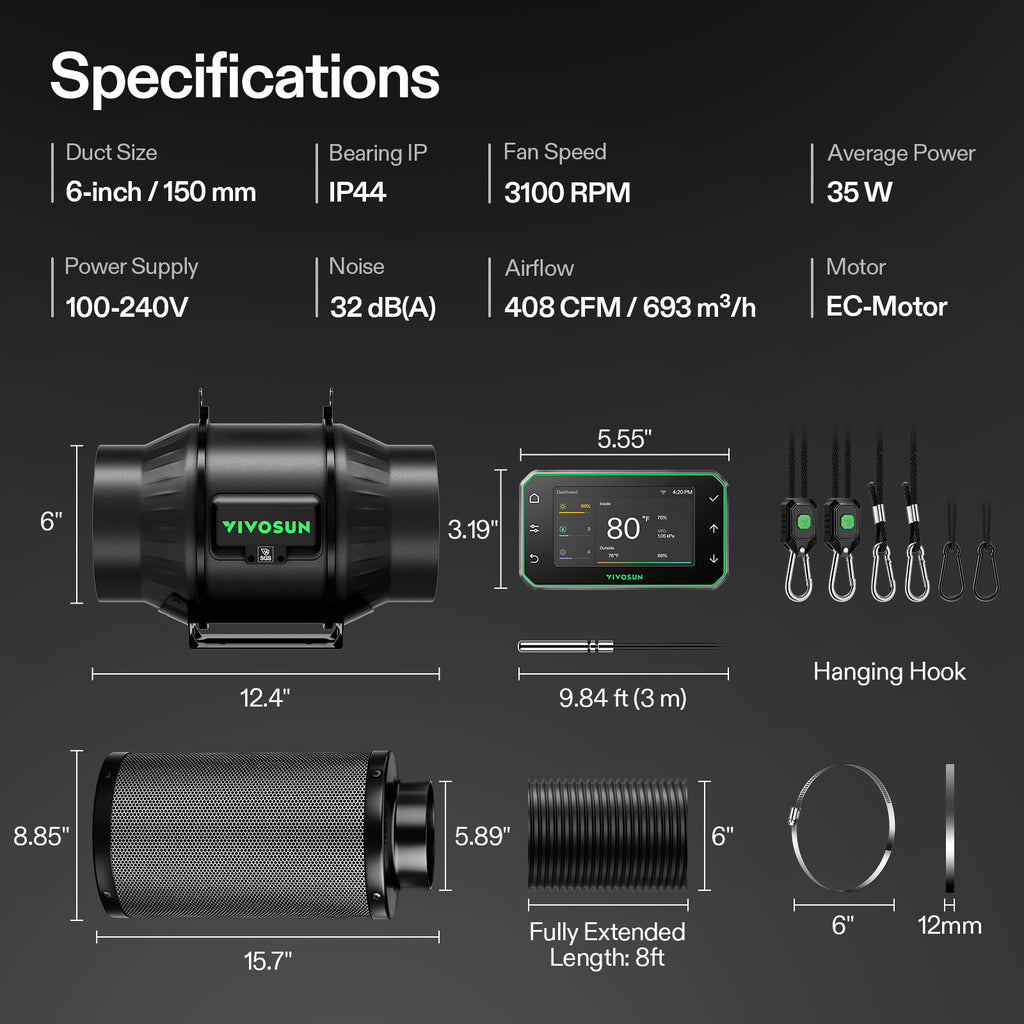 Vivosun Smart Abluftset T6 Pro 150mm – 693 m³/h + GrowHub - Eacygrow