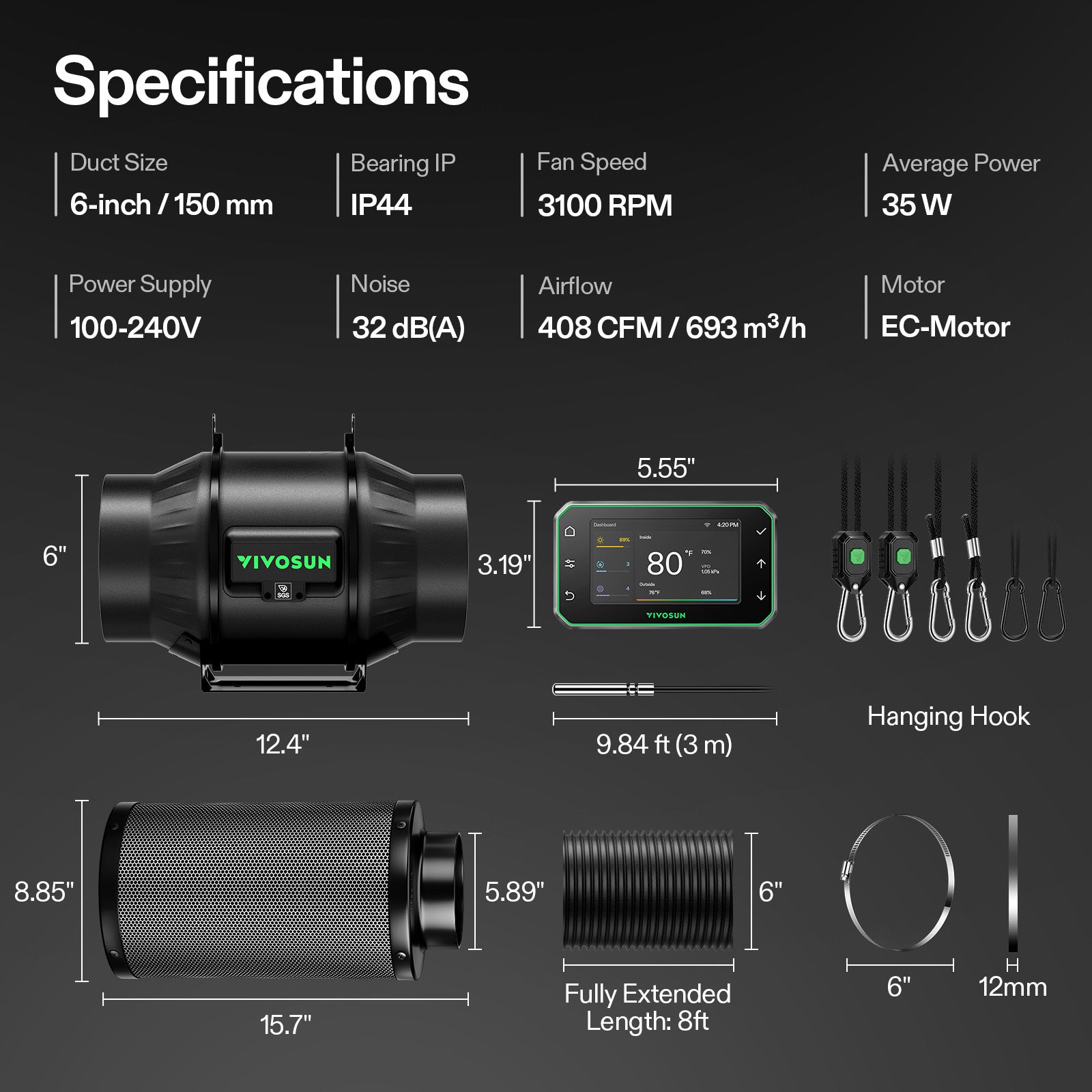 Vivosun Smart Abluftset T6 Pro 150mm – 693 m³/h + GrowHub - Eacygrow