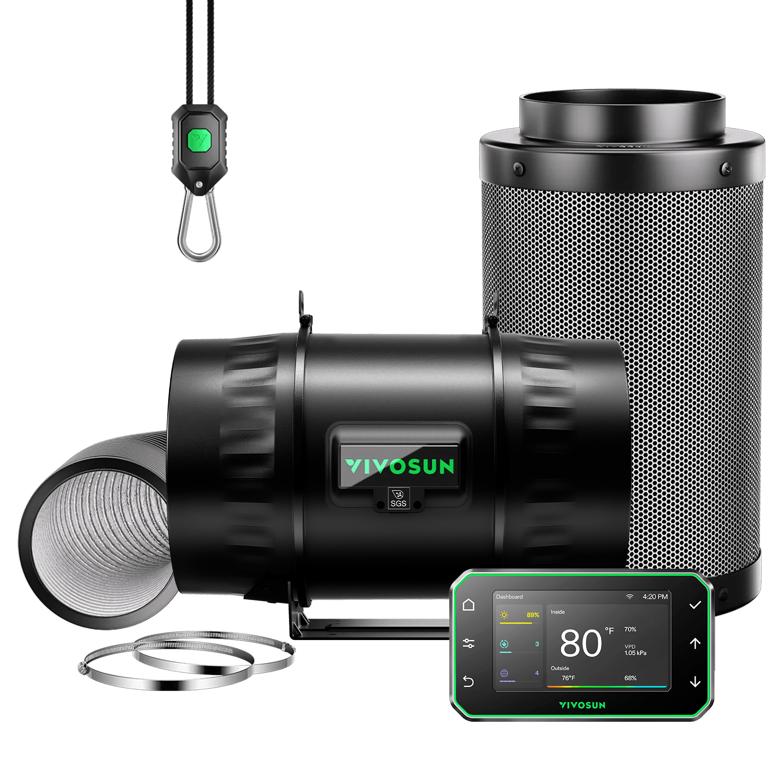Vivosun Smart Abluftset T8 Pro 200mm – 1413 m³/h + GrowHub - Eacygrow