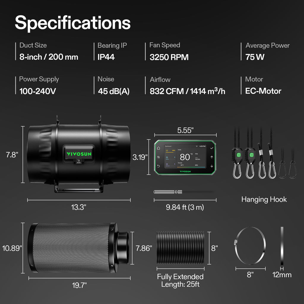 Vivosun Smart Abluftset T8 Pro 200mm – 1413 m³/h + GrowHub - Eacygrow