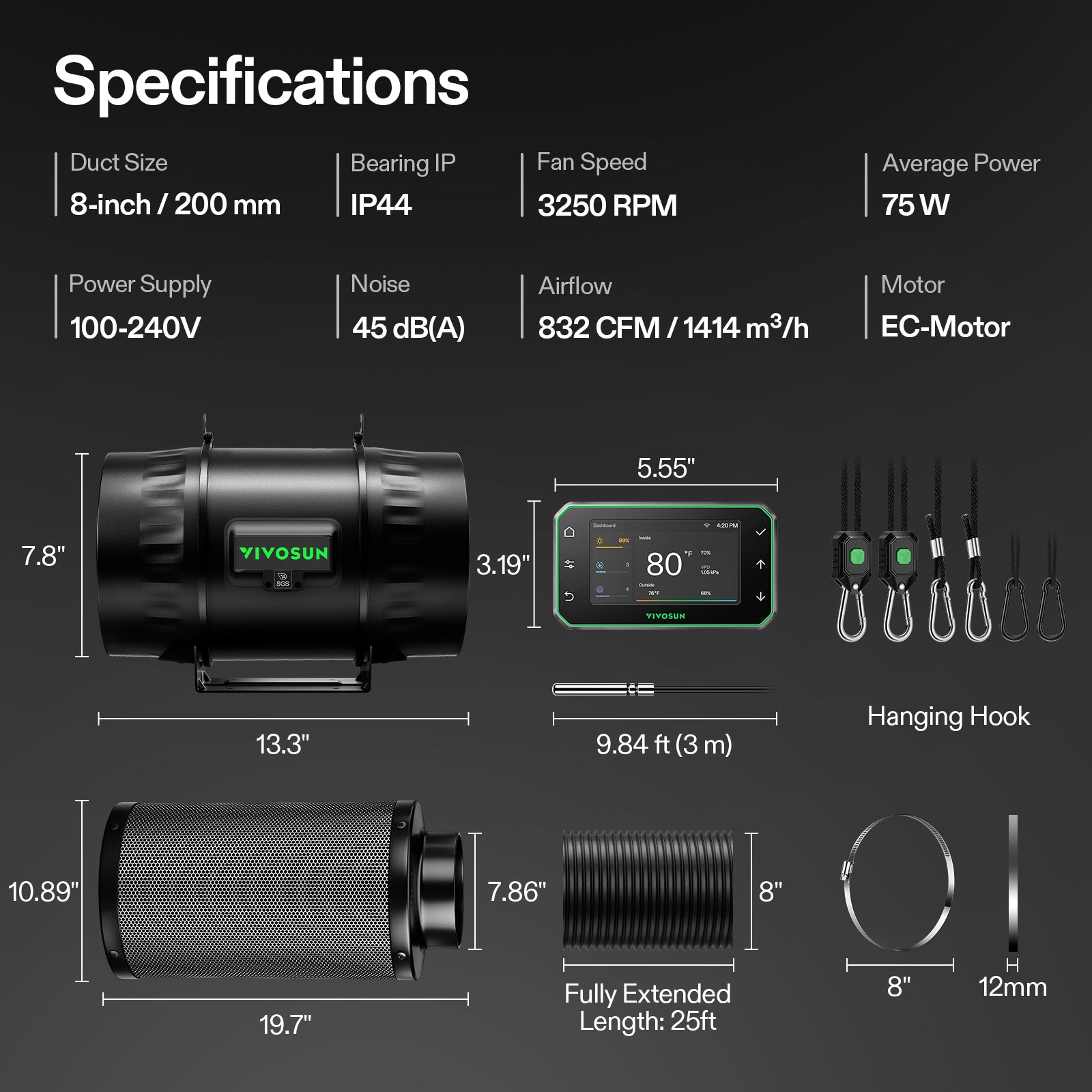 Vivosun Smart Abluftset T8 Pro 200mm – 1413 m³/h + GrowHub - Eacygrow