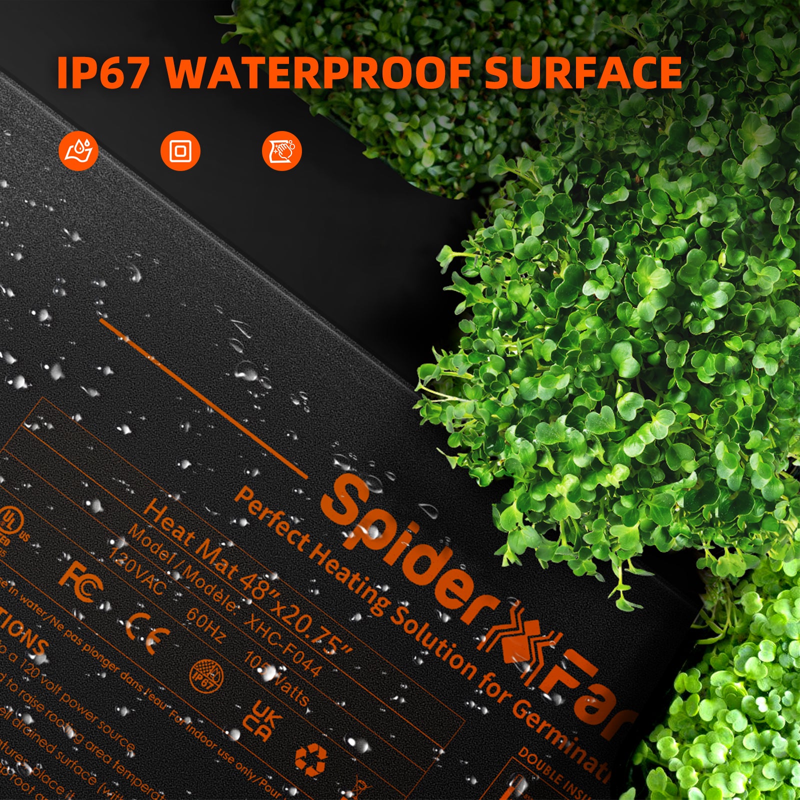 Spritzwassergeschützte Oberfläche der Spider Farmer Heizmatte – Sicherer Betrieb im feuchten Milieu von Anzuchtstationen und Gewächshäusern.