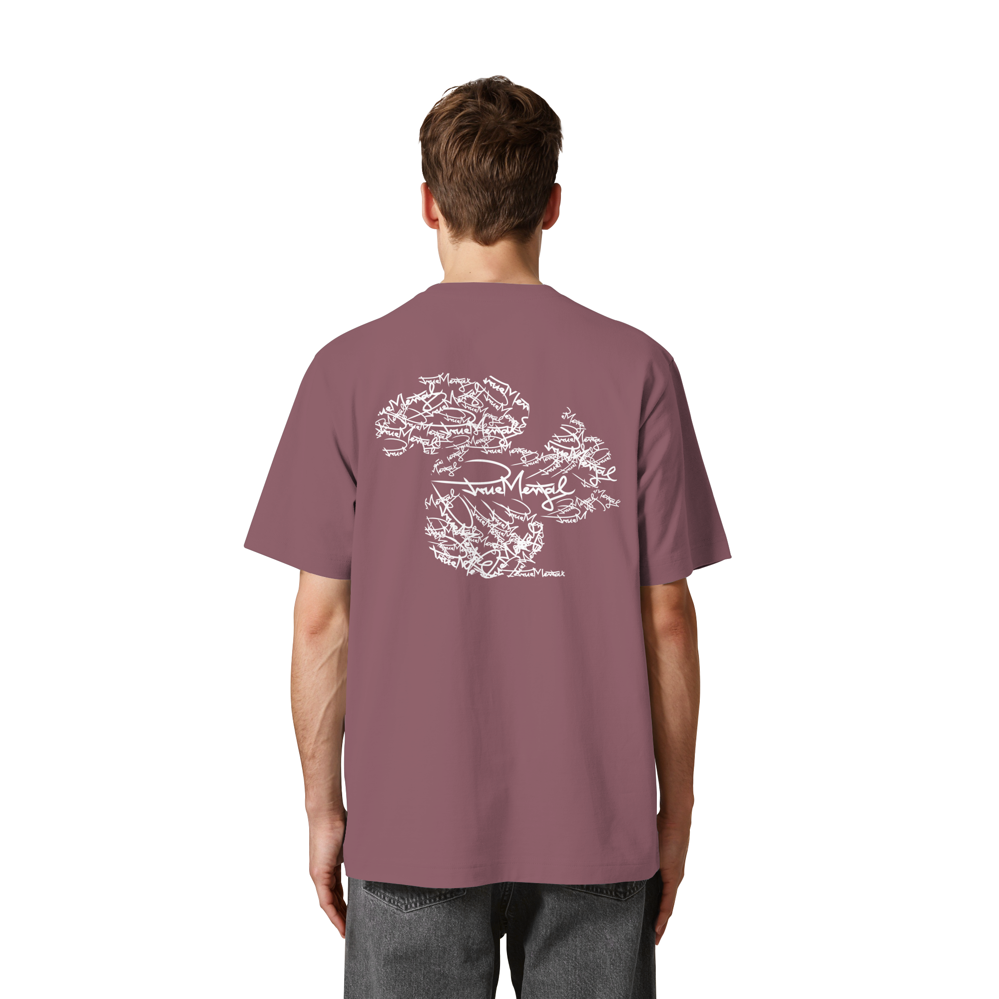 Das „Tagged - Heavy Oversized Organic Shirt“ von Truemental – Ein robustes Bio-Baumwollshirt (240 g/m²) im Street-Art-Stil mit markanten Graffiti-Schriftzügen, das Rebellion und Individualität der urbanen 420-Kultur verkörpert.