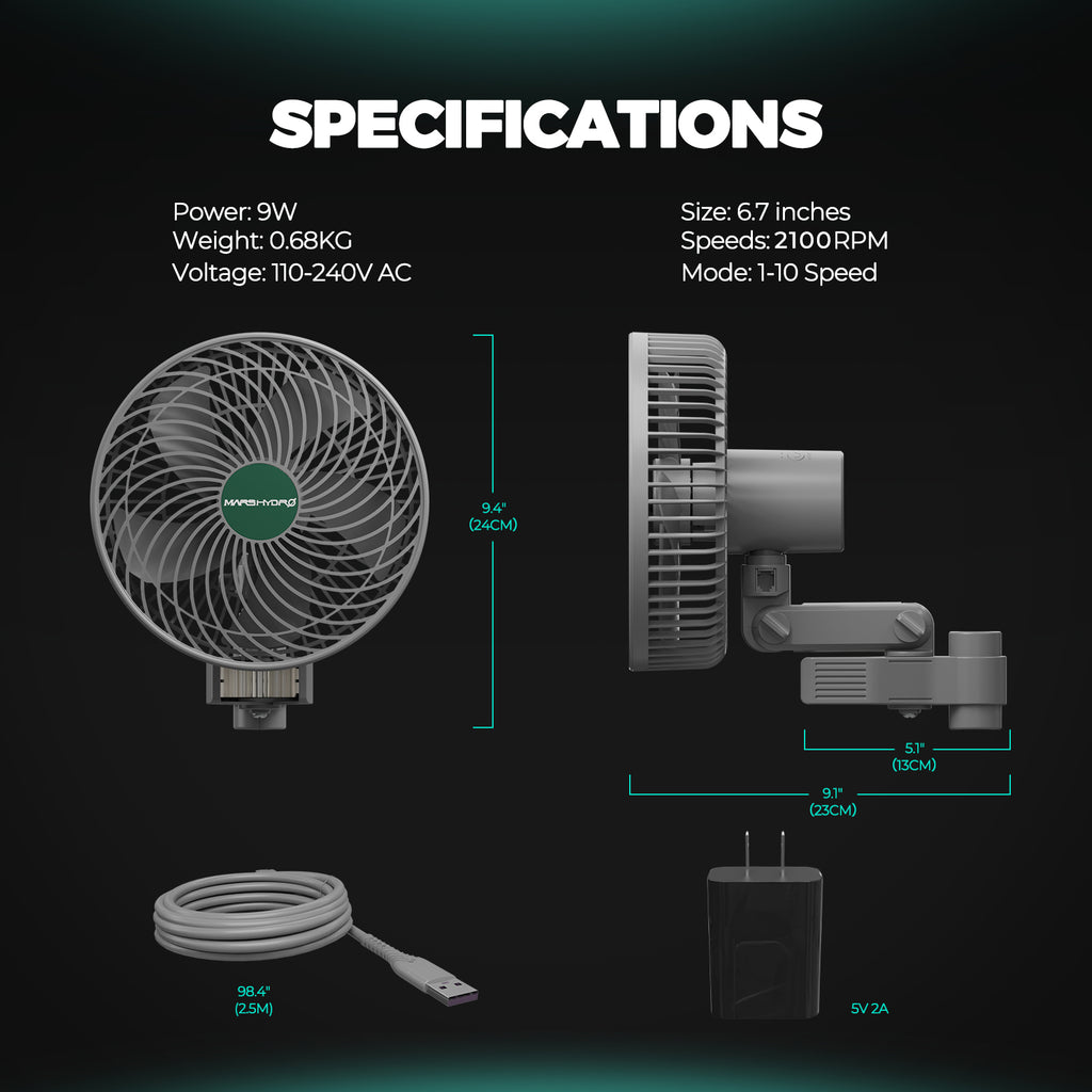 Lieferumfang Mars Hydro 6-Zoll Clip Fan Set – Inklusive oszillierendem Ventilator mit Netzkabel und stabiler Masthalterung für die sofortige Installation im Grow-Zelt.