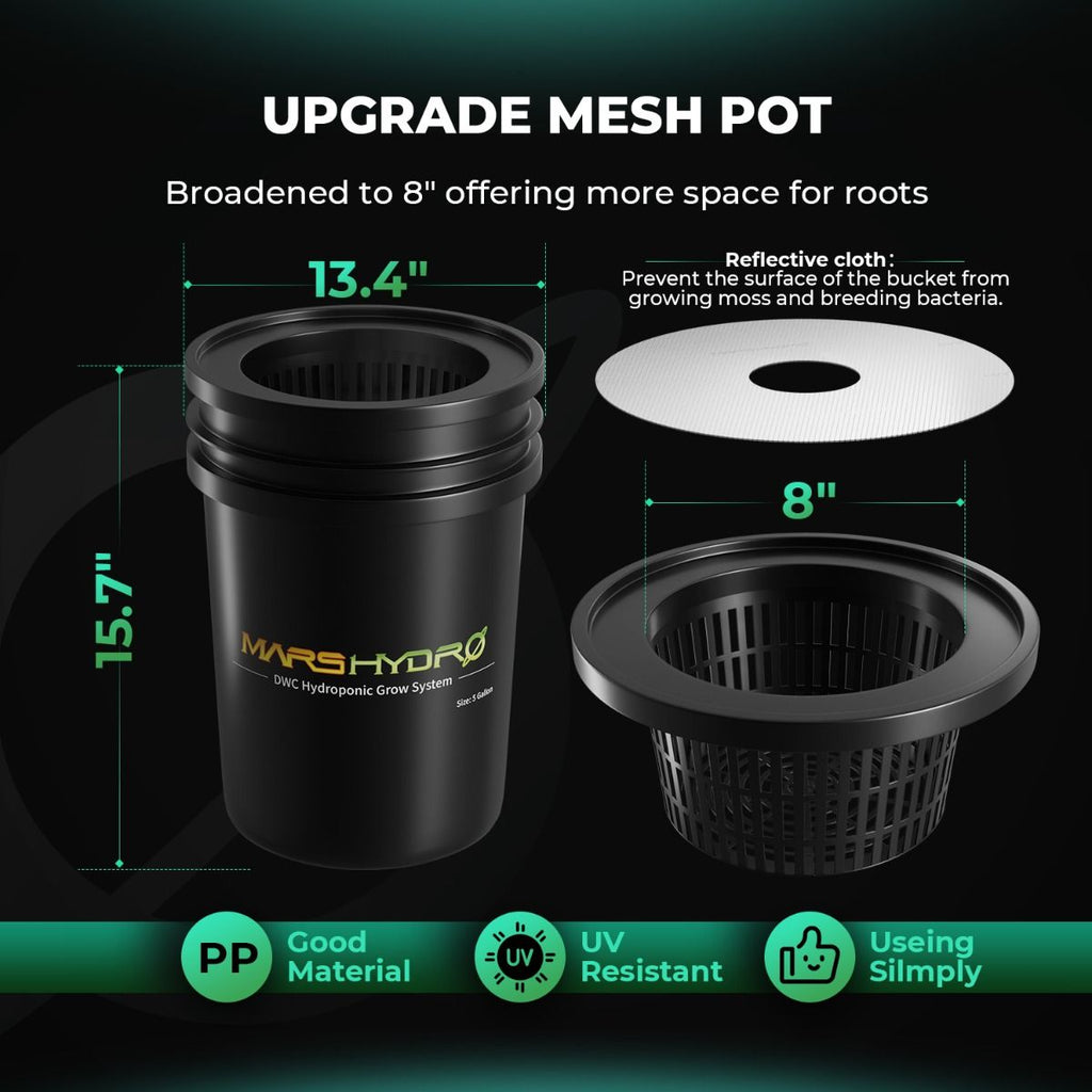 Robuster 8-Zoll-Netzkorb inklusive Blähton – Bietet optimalen Halt für große Pflanzen und sorgt für perfekte Drainage im Mars Hydro DWC-Kit.