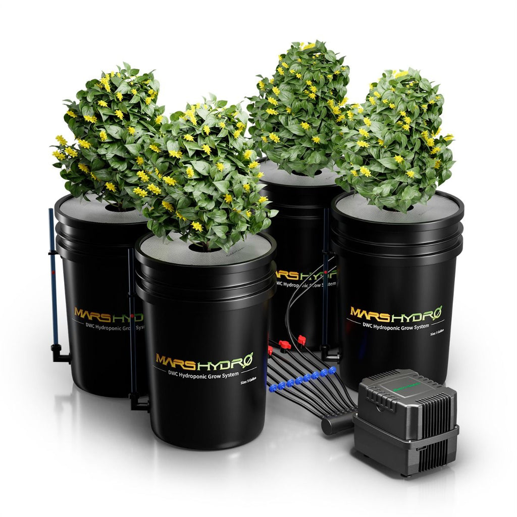 Mars Hydro DWC Hydroponik-System Komplettset mit 4 schwarzen 19-Liter-Eimern und Zubehör für Deep Water Culture.
