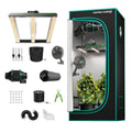 Indoor grow tent kit with LED light, ventilation fans, carbon filter, hanging accessories, pots, and plant trellis