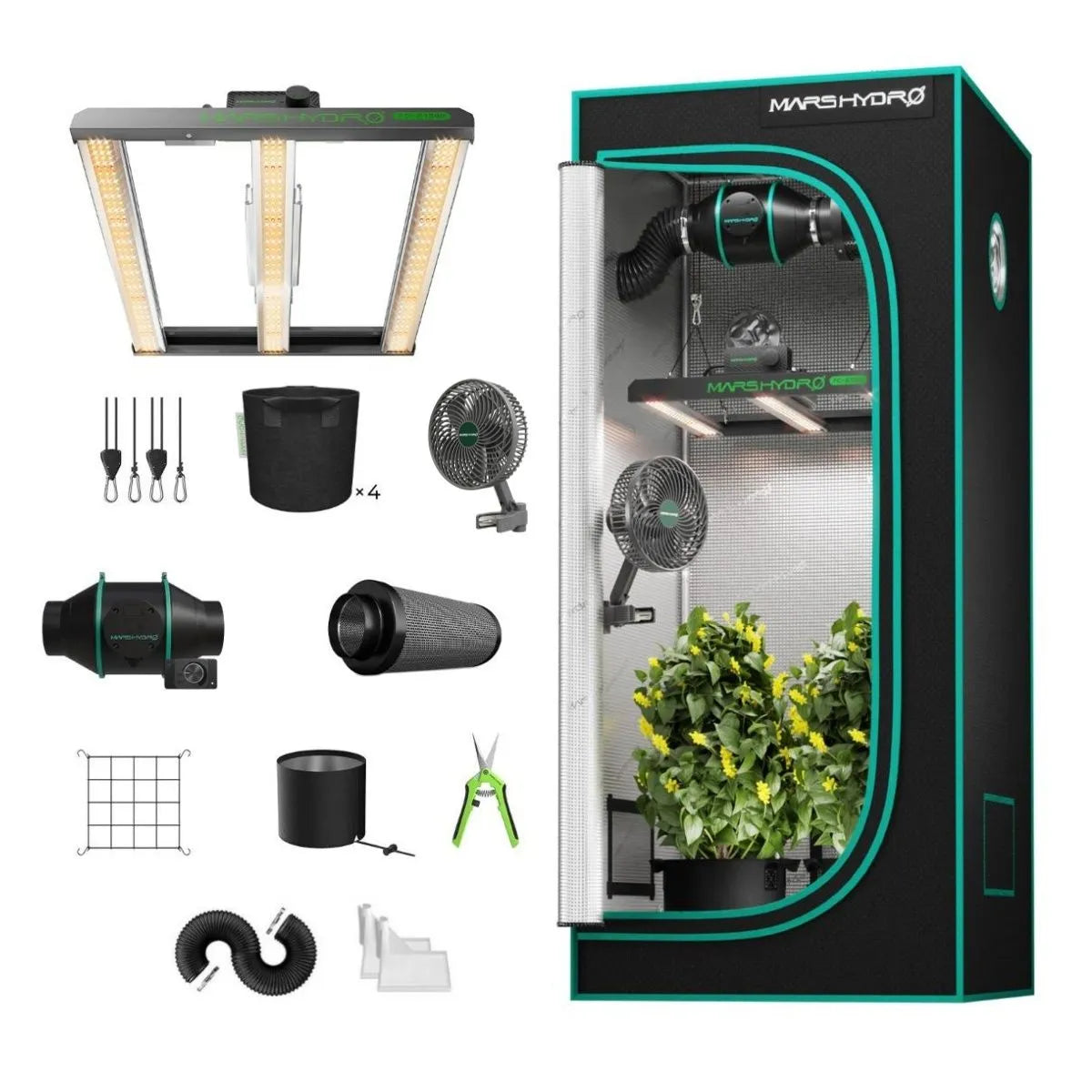 Indoor grow tent kit with LED light, ventilation fans, carbon filter, hanging accessories, pots, and plant trellis