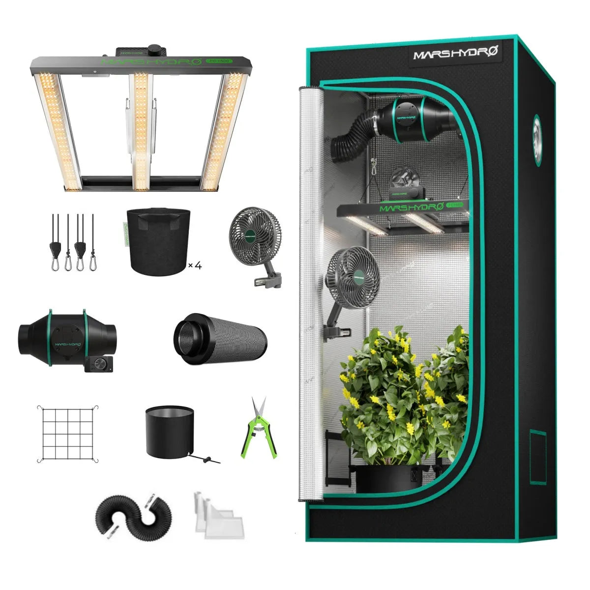Black and teal indoor grow tent with LED light, ventilation fans, carbon filter, plant trellis, and accessories