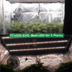 Mars Hydro FC-4000 LED grow light with Samsung LM301H EVO technology illuminating a reflective indoor garden space