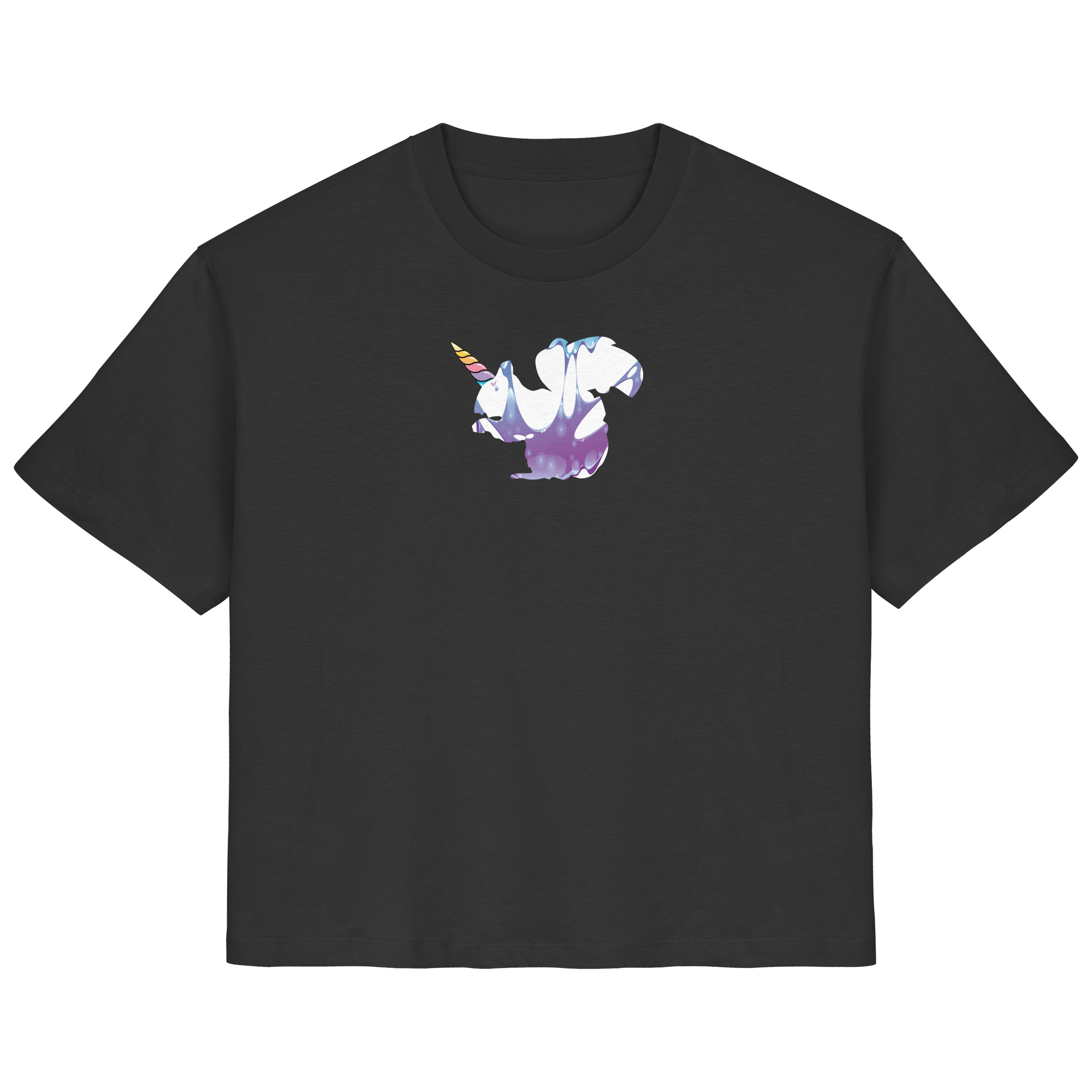 Das „Einhörnchen“-Shirt aus der eacygrow/Truemental-Kollektion – Ein Bio-Baumwollshirt mit einem kreativen Motiv-Mix aus Einhorn und Eichhörnchen in pastellfarbenen violetten und blauen Wirbeln.