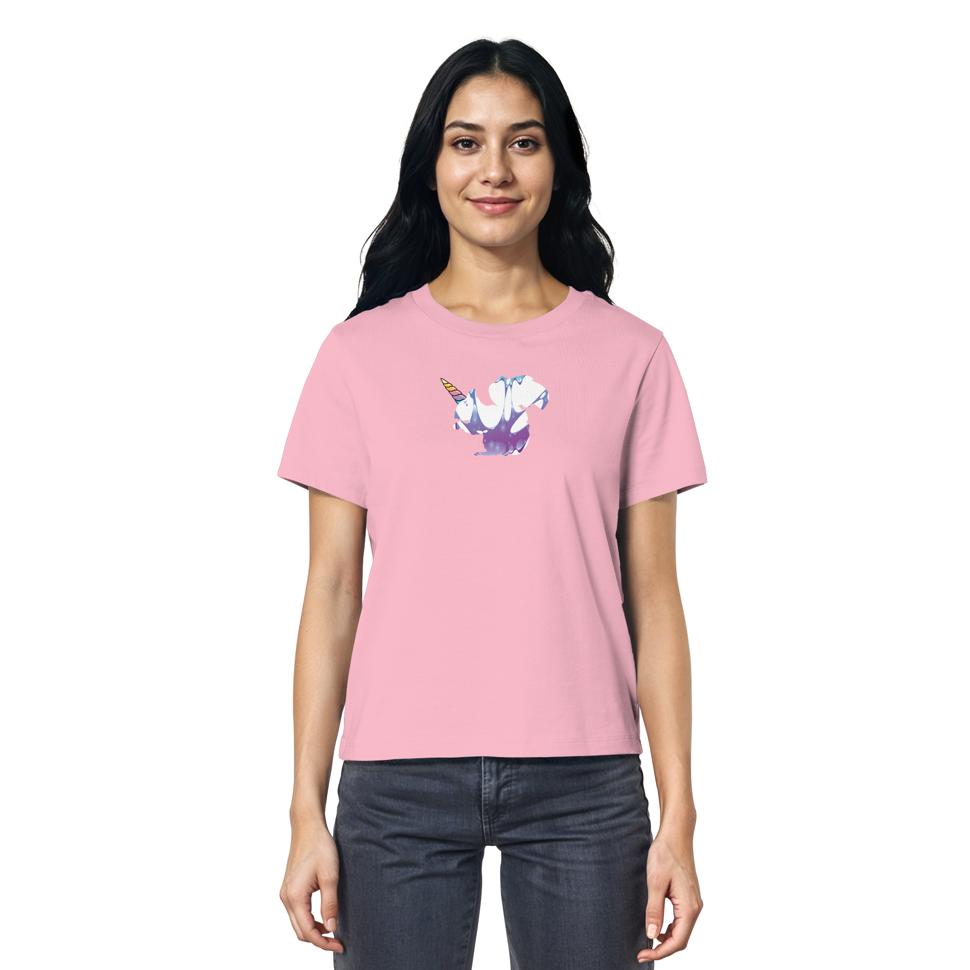 Das „Einhörnchen“-Shirt aus der eacygrow/Truemental-Kollektion – Ein Bio-Baumwollshirt mit einem kreativen Motiv-Mix aus Einhorn und Eichhörnchen in pastellfarbenen violetten und blauen Wirbeln.