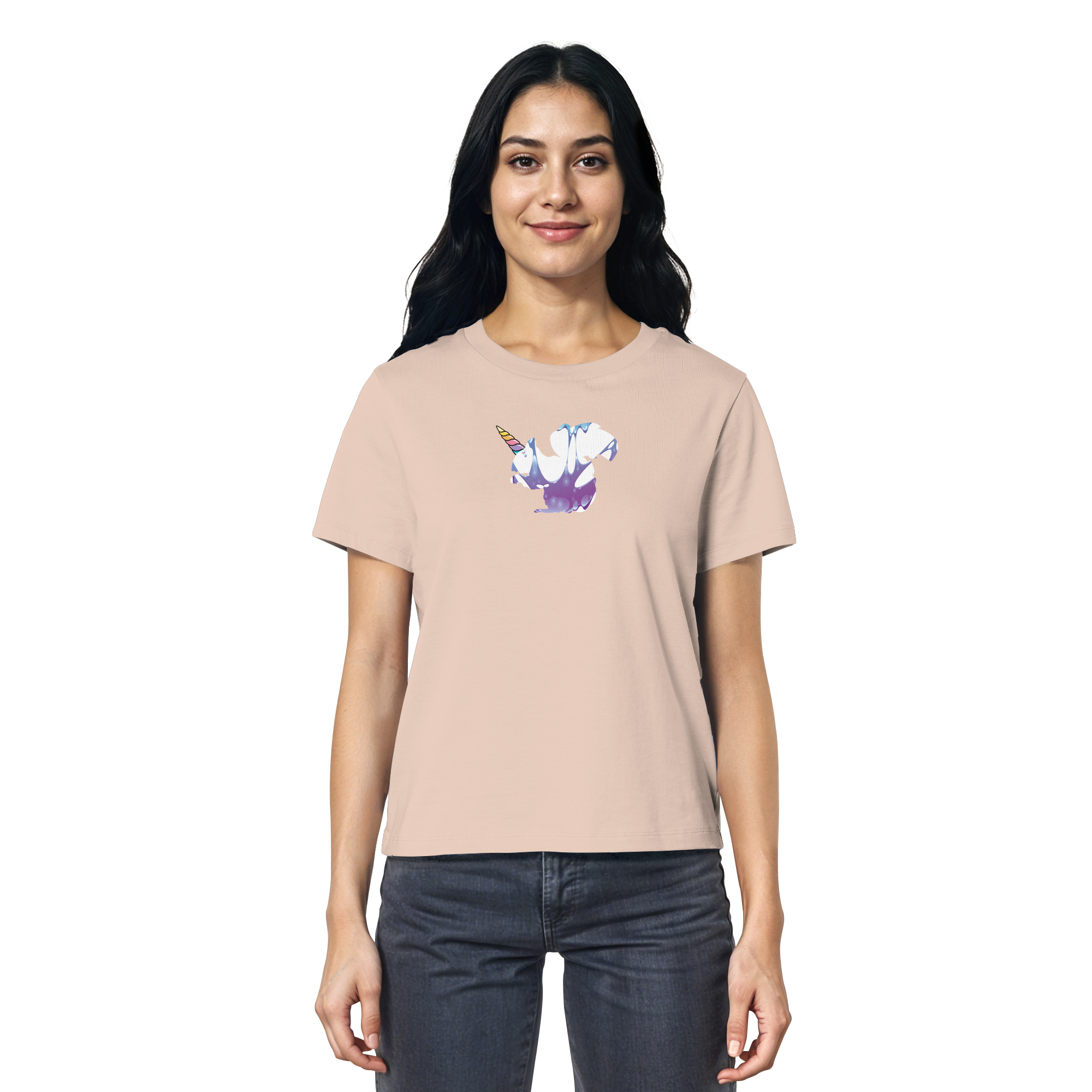 Das „Einhörnchen“-Shirt aus der eacygrow/Truemental-Kollektion – Ein Bio-Baumwollshirt mit einem kreativen Motiv-Mix aus Einhorn und Eichhörnchen in pastellfarbenen violetten und blauen Wirbeln.