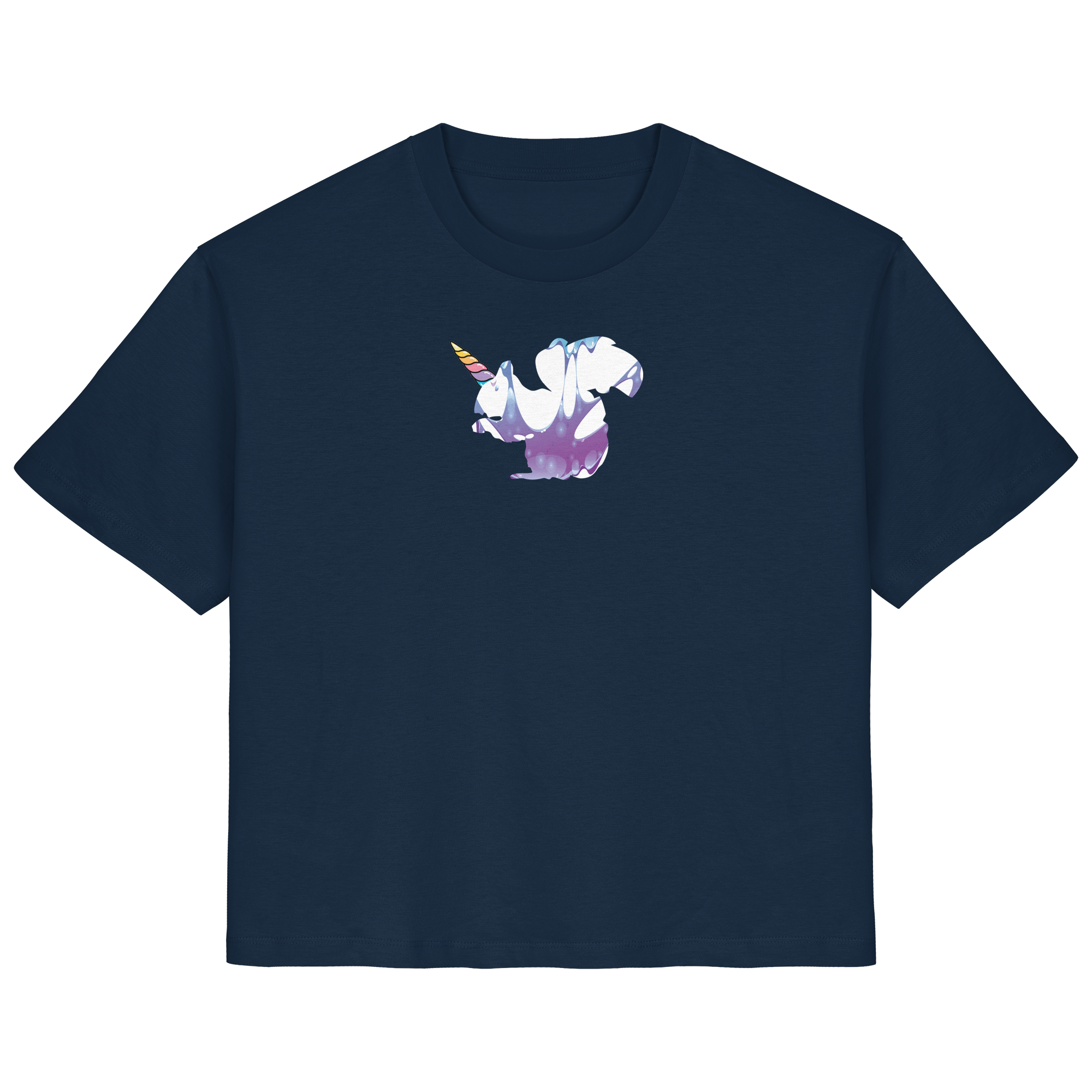 Das „Einhörnchen“-Shirt aus der eacygrow/Truemental-Kollektion – Ein Bio-Baumwollshirt mit einem kreativen Motiv-Mix aus Einhorn und Eichhörnchen in pastellfarbenen violetten und blauen Wirbeln.