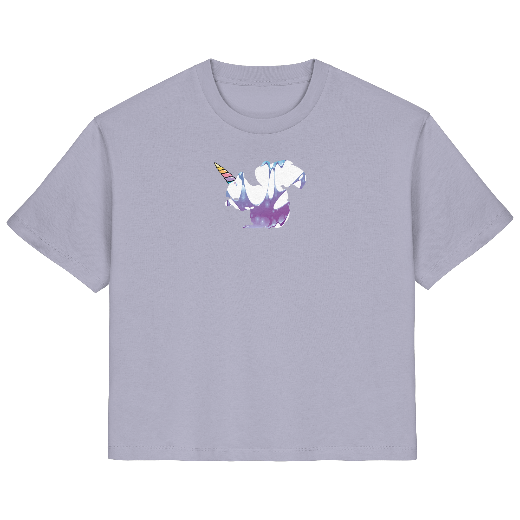 Das „Einhörnchen“-Shirt aus der eacygrow/Truemental-Kollektion – Ein Bio-Baumwollshirt mit einem kreativen Motiv-Mix aus Einhorn und Eichhörnchen in pastellfarbenen violetten und blauen Wirbeln.