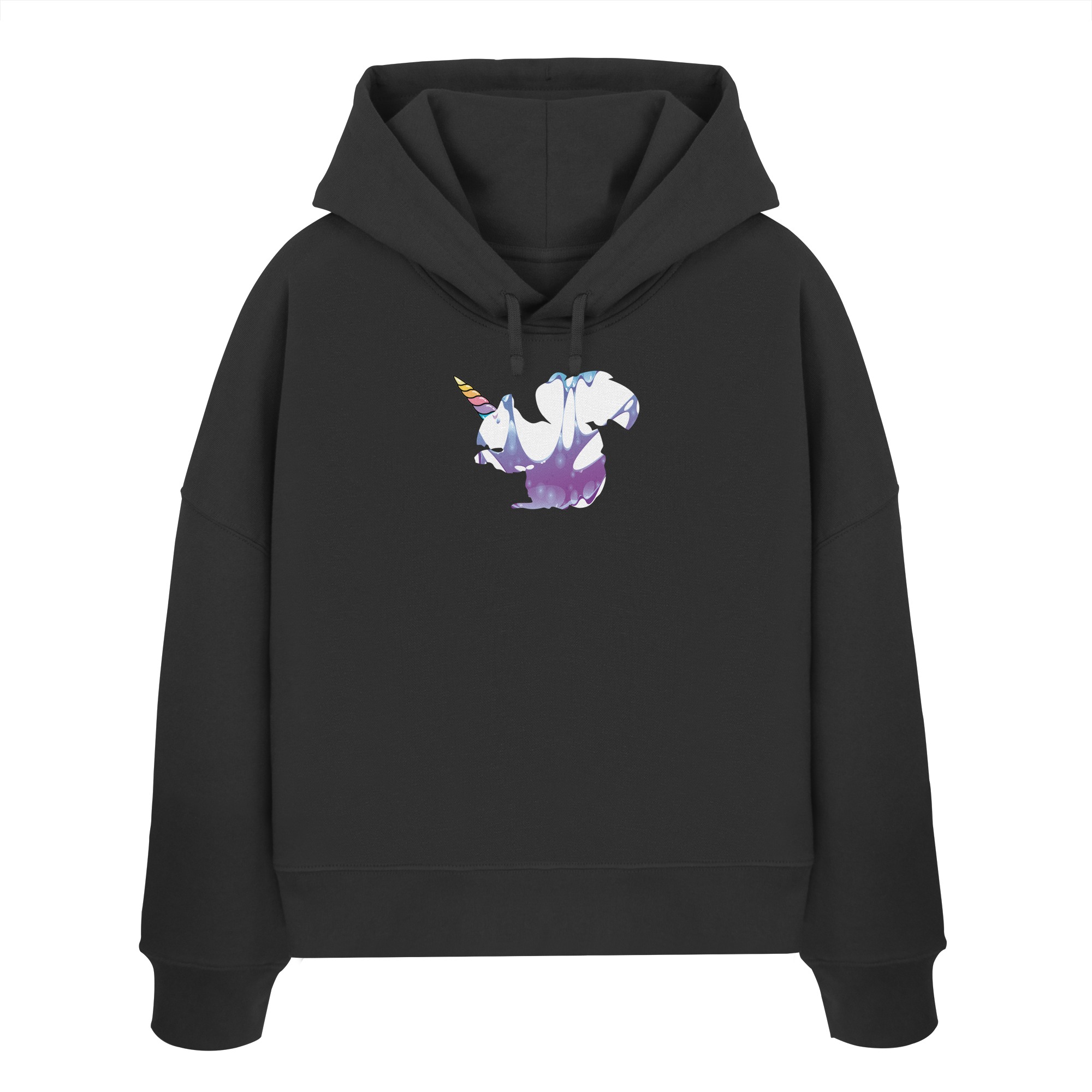 Der Truemental Bio Boxcut Hoodie im „Einhörnchen“-Design – Ein nachhaltiger Kapuzenpullover aus 100 % Bio-Baumwolle mit farbenfrohem Einhorn-Motiv in Regenbogenfarben, der technischen Lifestyle mit märchenhafter Ästhetik verbindet.