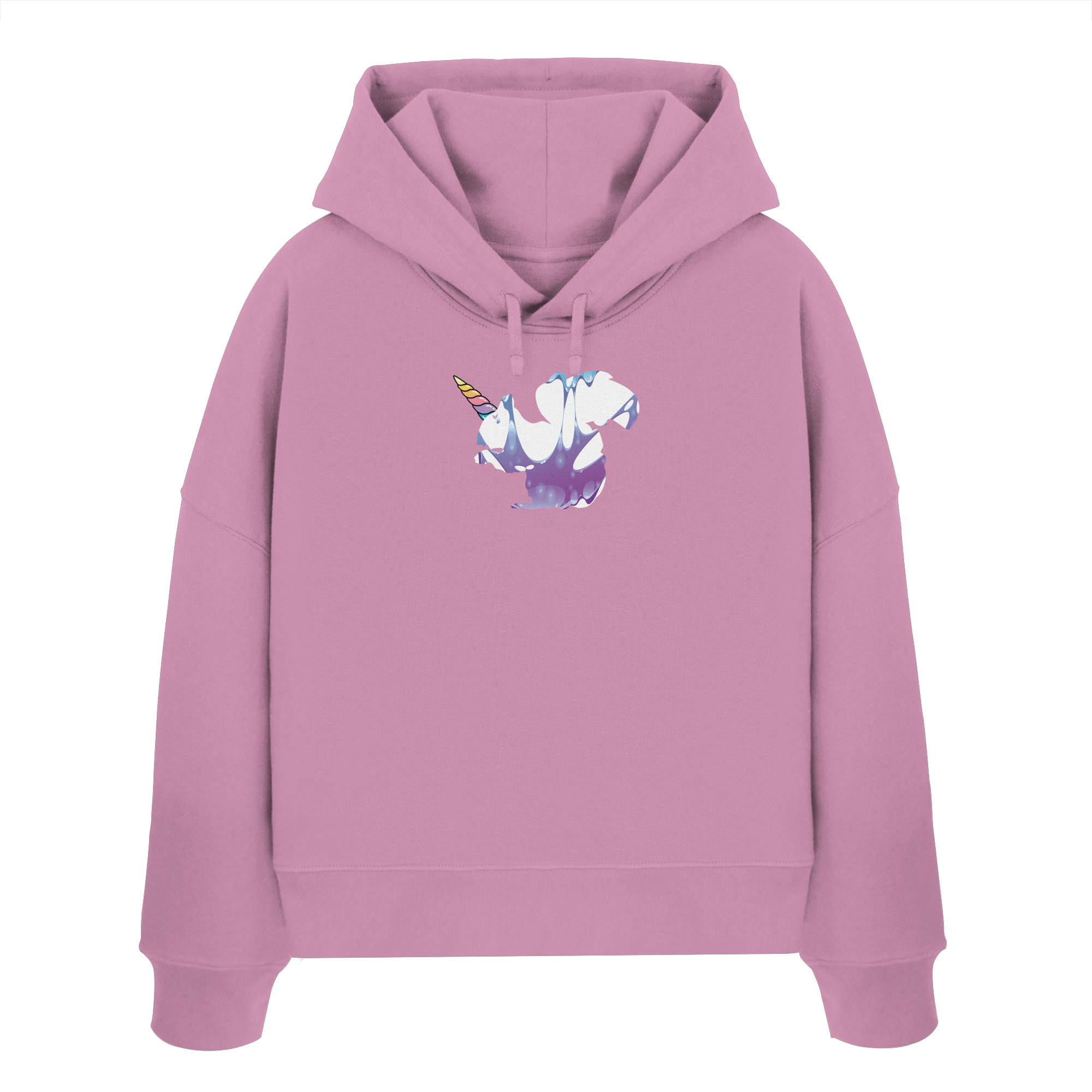 Der Truemental Bio Boxcut Hoodie im „Einhörnchen“-Design – Ein nachhaltiger Kapuzenpullover aus 100 % Bio-Baumwolle mit farbenfrohem Einhorn-Motiv in Regenbogenfarben, der technischen Lifestyle mit märchenhafter Ästhetik verbindet.