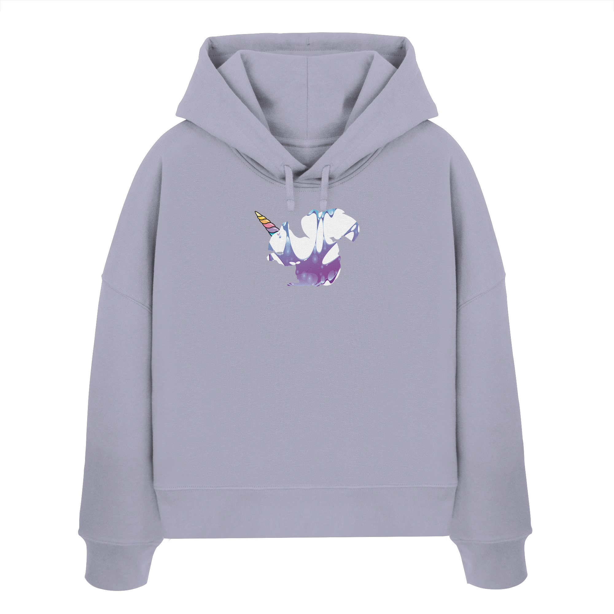 Der Truemental Bio Boxcut Hoodie im „Einhörnchen“-Design – Ein nachhaltiger Kapuzenpullover aus 100 % Bio-Baumwolle mit farbenfrohem Einhorn-Motiv in Regenbogenfarben, der technischen Lifestyle mit märchenhafter Ästhetik verbindet.