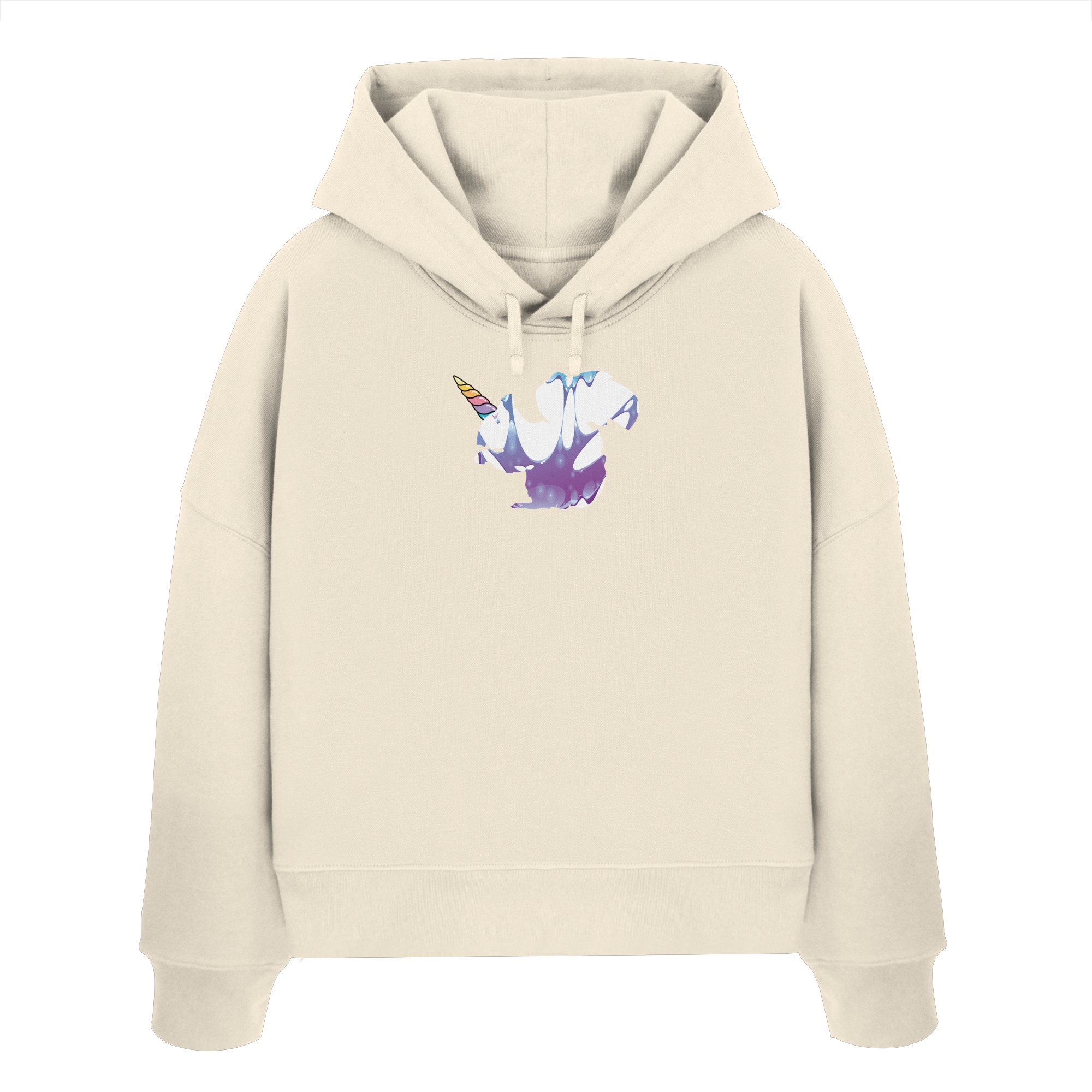 Der Truemental Bio Boxcut Hoodie im „Einhörnchen“-Design – Ein nachhaltiger Kapuzenpullover aus 100 % Bio-Baumwolle mit farbenfrohem Einhorn-Motiv in Regenbogenfarben, der technischen Lifestyle mit märchenhafter Ästhetik verbindet.