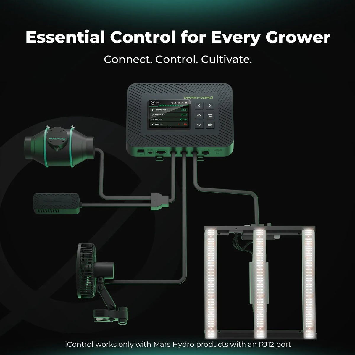 Mars Hydro iControl controller with connected pump, sensor, fan, and LED grow lights on a black background