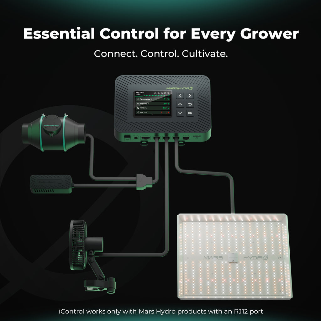 Smart grow tent LED kit by Mars Hydro with RJ12 smart control and visible LED grow light, indoor setup components