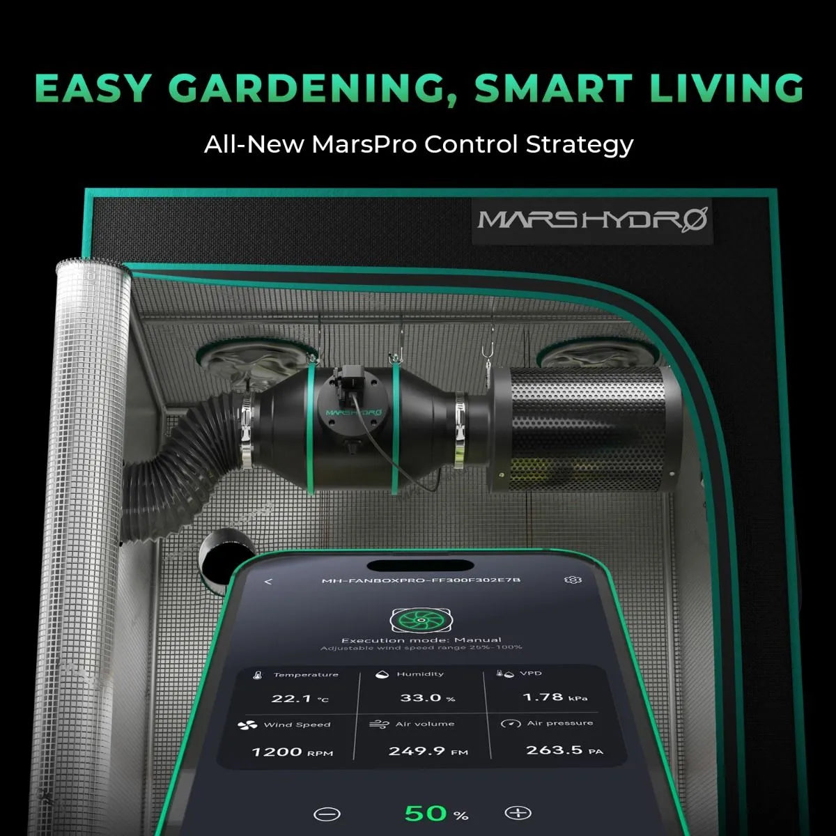 Mars Hydro FC1500 Komplettset grow tent LED grow lamp with active carbon filter, shown inside a green lined setup